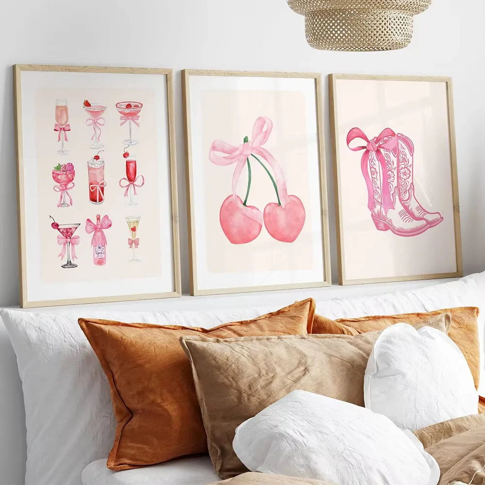 Foreign Trade Hot Explosions Pink Bow Cherry Disco Ball Denim Boots Bedroom Canvas Decorative Painting Frameless Core display picture 3