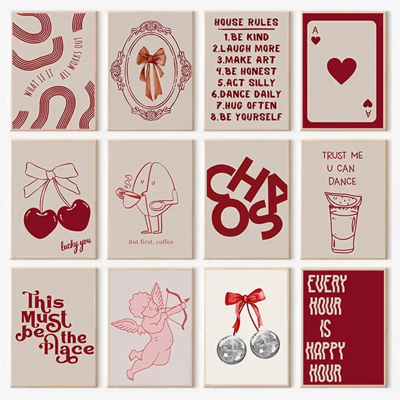 Vintage Fashion Red Bow Poker Love Cherry Living Room Bedroom Decoration Frameless Hanging Painting Poster display picture 2