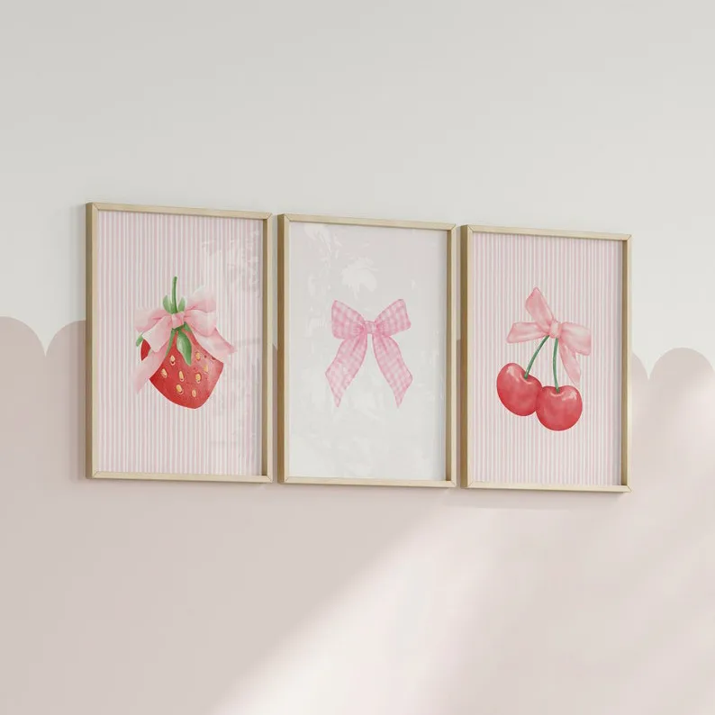 Foreign Trade  Pink Bow Fruit Strawberry Cherry Living Room Bedroom Decoration Frameless Hanging Painting Core Poster display picture 1