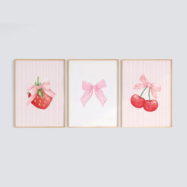 Foreign Trade  Pink Bow Fruit Strawberry Cherry Living Room Bedroom Decoration Frameless Hanging Painting Core Poster display picture 2