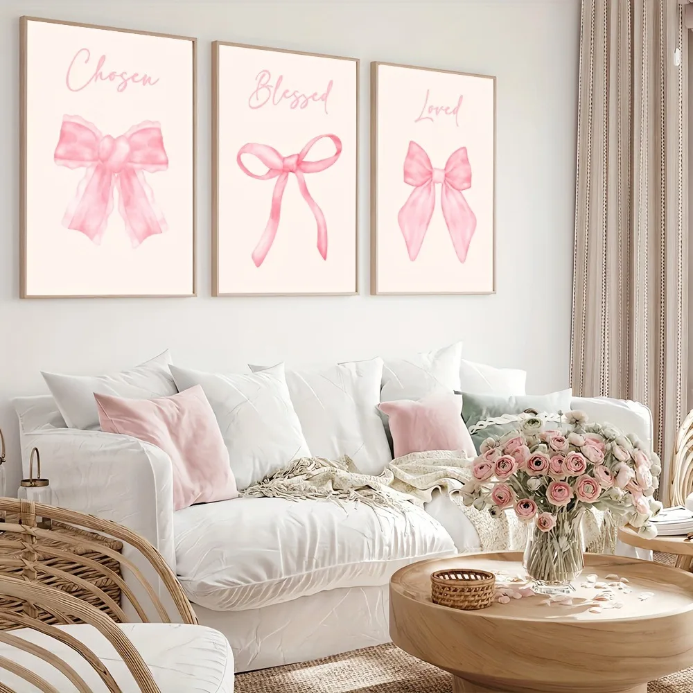 Scandinavian Export Hot-Selling Cute Pink Bow Girls Kidsren's Room Bedroom Decoration Frameless Hanging Painting Core Poster display picture 2