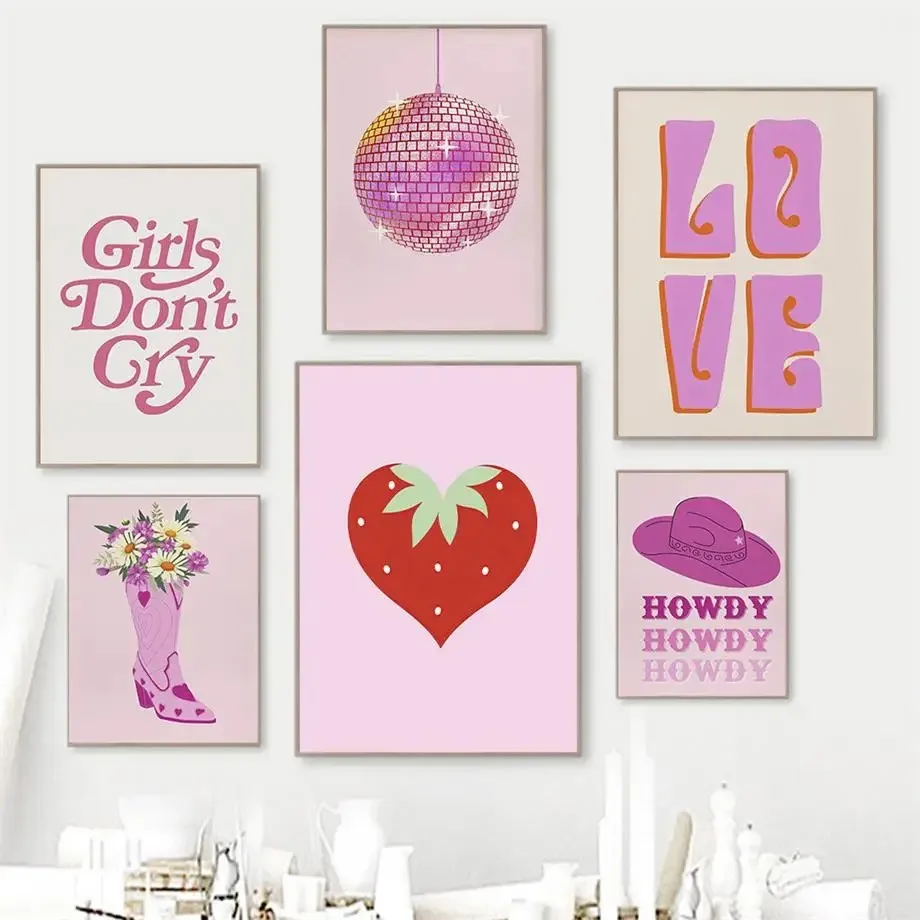 New Strawberry Denim Disco Pink Wall Decorative Painting Living Room Sofa Background Wall Frameless Painting Core display picture 1