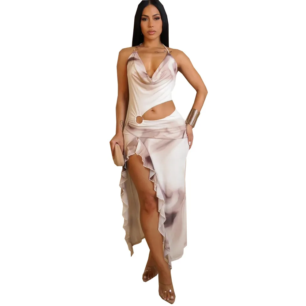 51725  Women's Wear Spring And Summer  Foreign Trade Dress Contrast Shoulder Neck Waist Printed Irregular Skirt display picture 10
