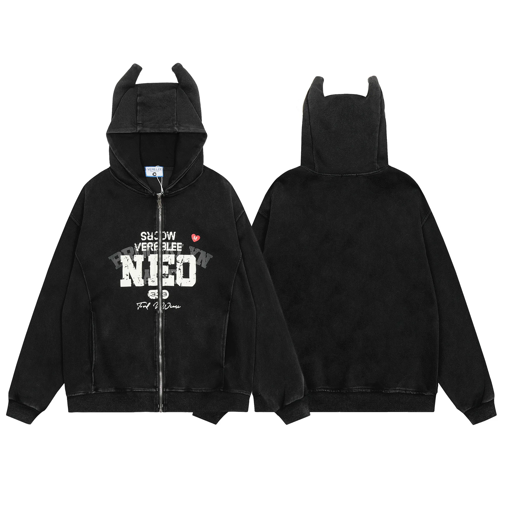 Jiayiku Men's  Spring New American Heavy Washed Hoodie Deviruchi Ear Zipper Cardigan Sweater display picture 2