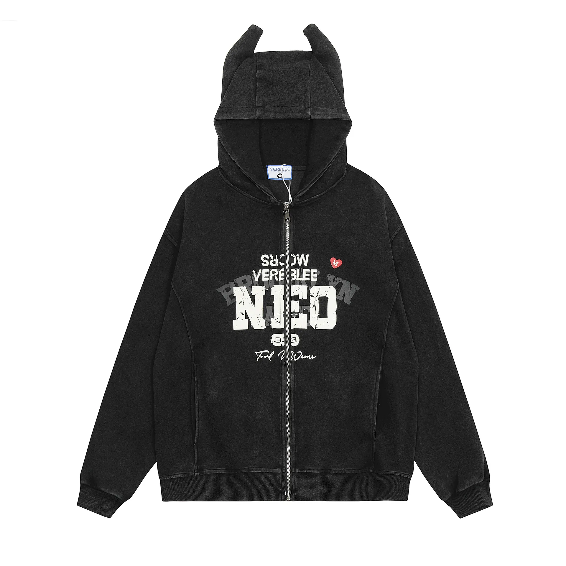 Jiayiku Men's  Spring New American Heavy Washed Hoodie Deviruchi Ear Zipper Cardigan Sweater display picture 3