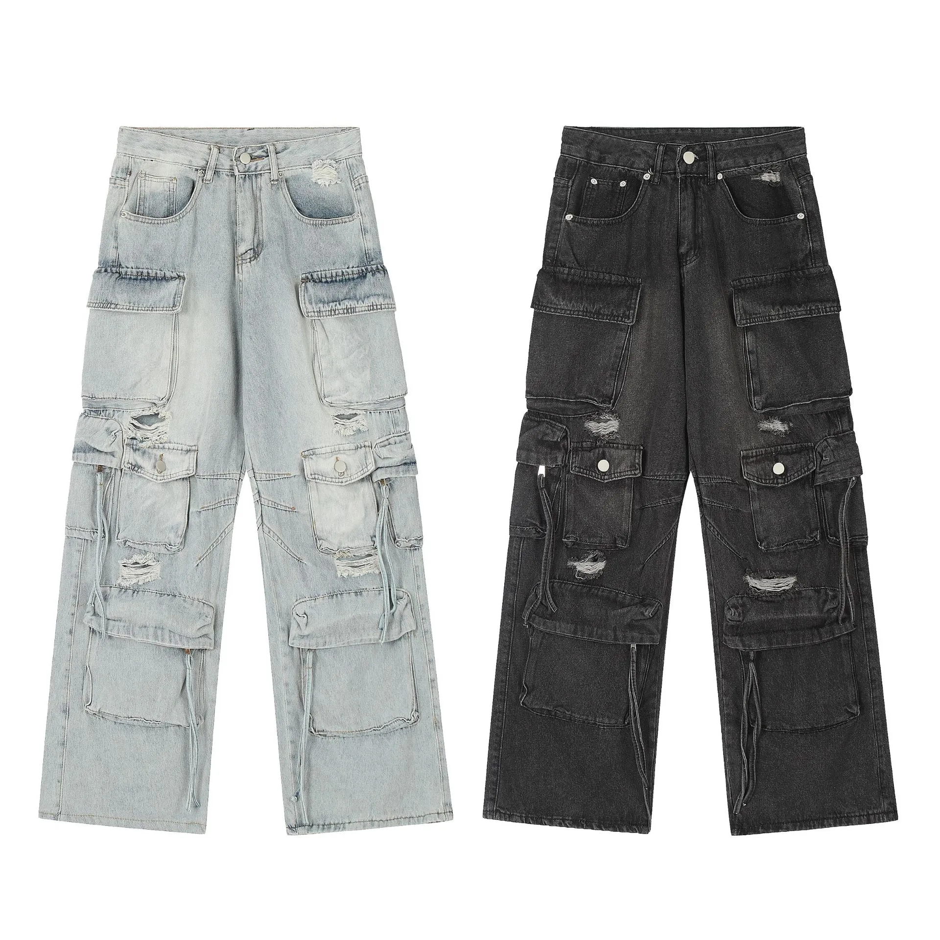 Jiayi Library Men's  Spring New American High Street RO Style Heavy Washed Multi-Pocket Jeans Wide Leg Pants display picture 2