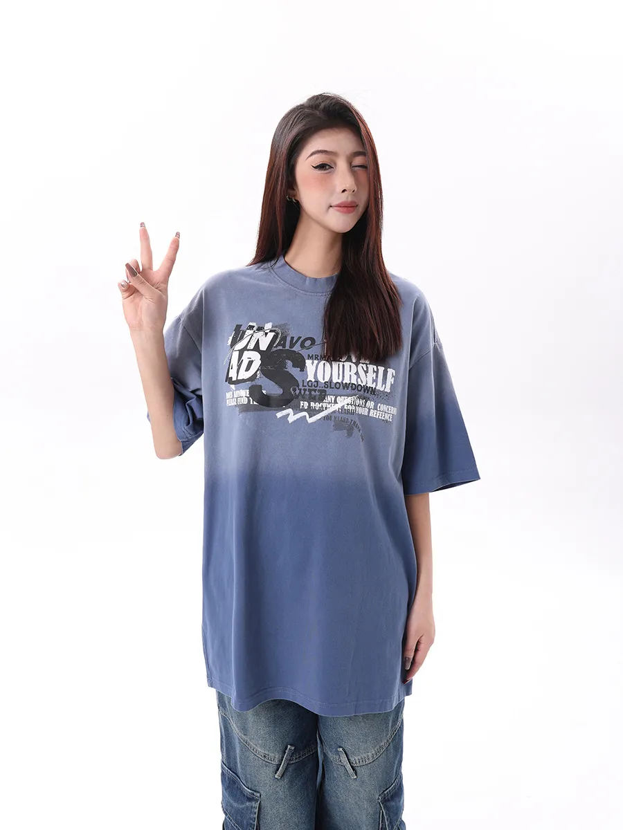 Jiayiku Men's  Summer New American Retro Fashion Brand Heavy Washed Fried Color Gradient T-shirt Short Sleeve display picture 3
