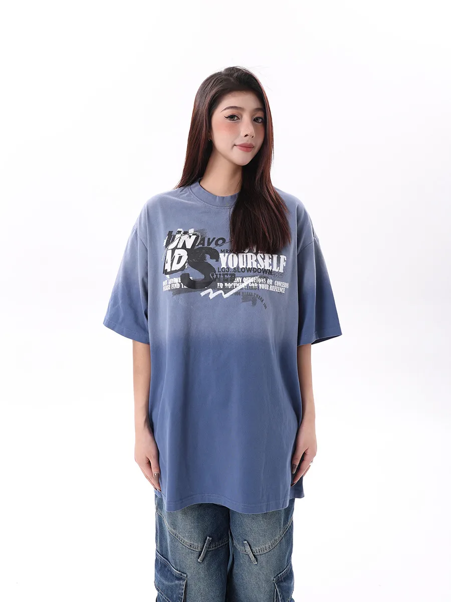 Jiayiku Men's  Summer New American Retro Fashion Brand Heavy Washed Fried Color Gradient T-shirt Short Sleeve display picture 4
