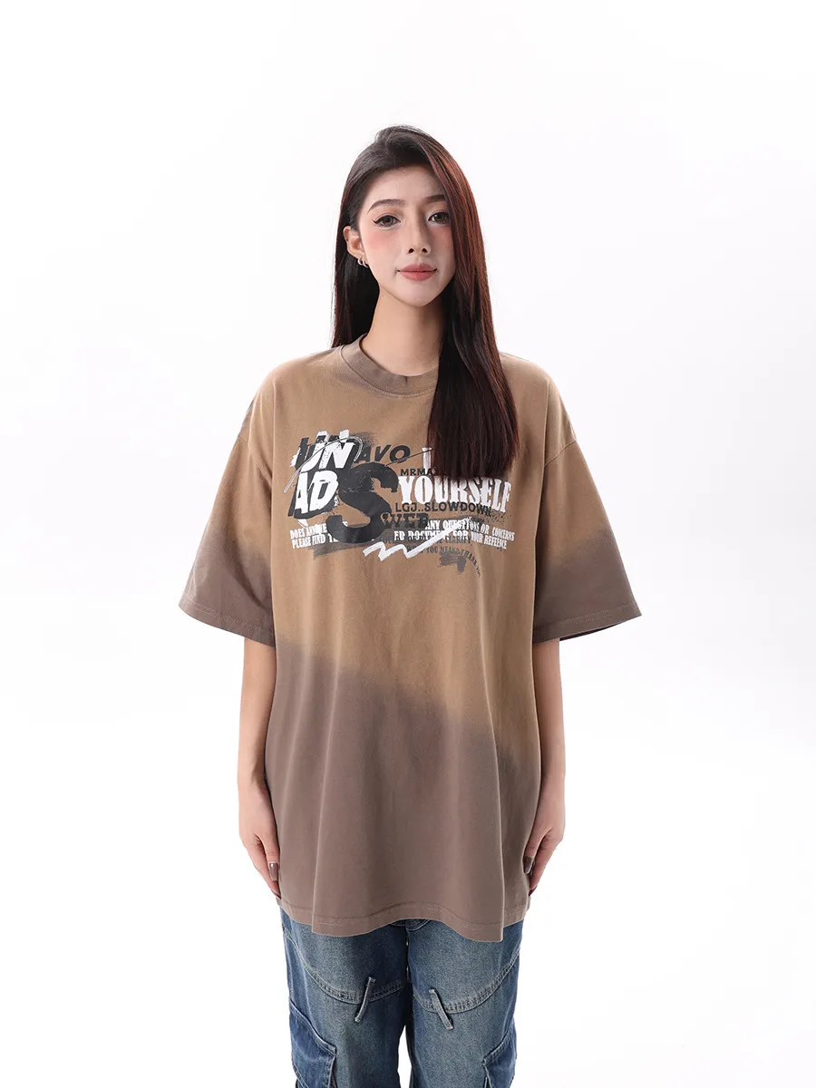 Jiayiku Men's  Summer New American Retro Fashion Brand Heavy Washed Fried Color Gradient T-shirt Short Sleeve display picture 6