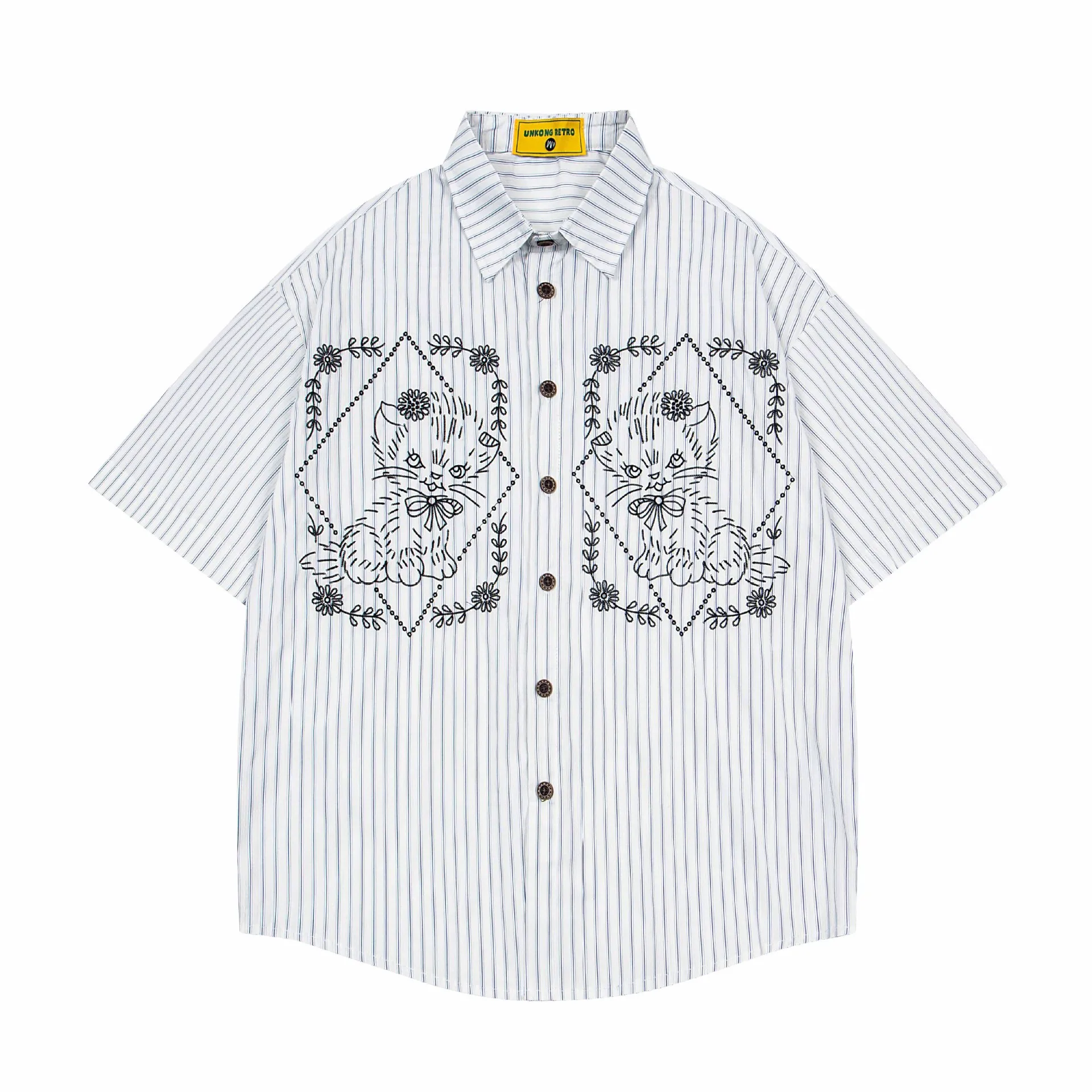 Jiayiku Men's  New American Style Antique Fashion Brand Cat Embroidered Striped Antique Shirt Short Sleeve Men And Women display picture 3