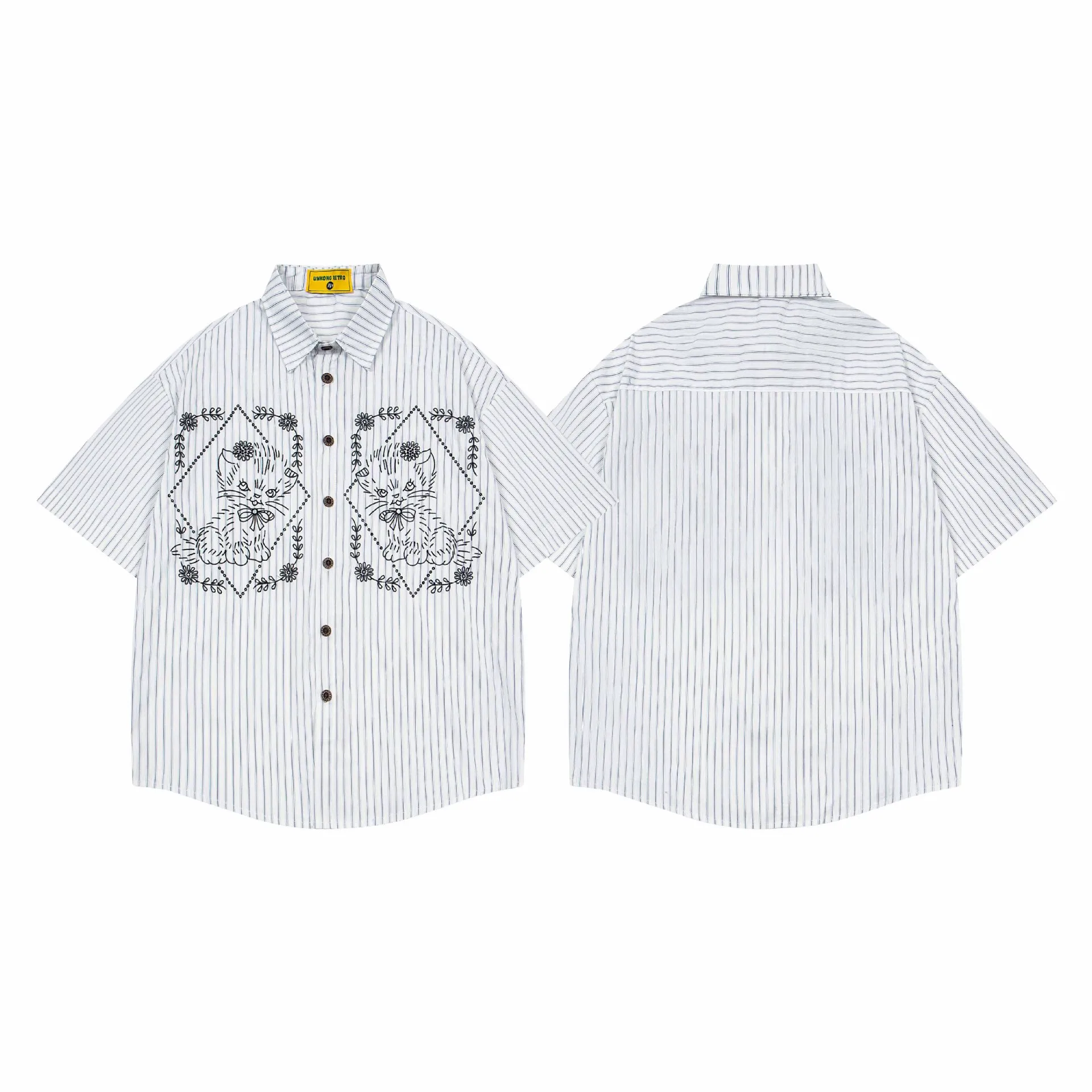 Jiayiku Men's  New American Style Antique Fashion Brand Cat Embroidered Striped Antique Shirt Short Sleeve Men And Women display picture 2