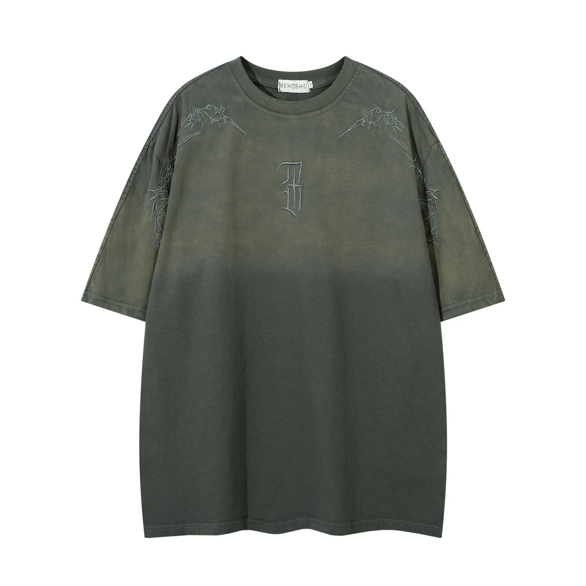 Jiayiku Men's  Summer New American Retro Trendy Brand Thorns Embroidered Tee Gradient Washed Short-sleeved T-shirt display picture 3