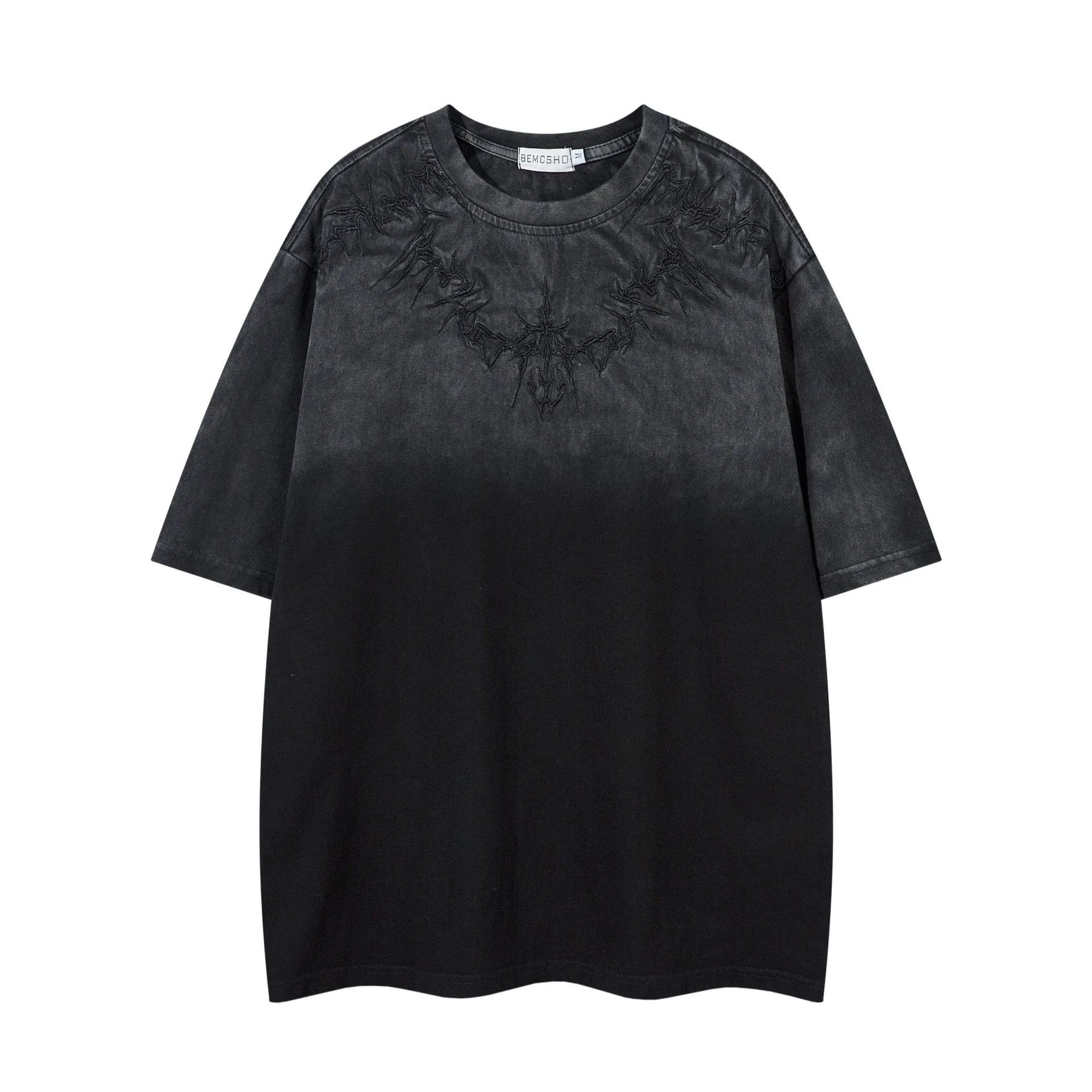 Jiayiku Men's  Summer New American Retro Thorns Embroidered Trendy Brand Tee Heavy Washed Short-sleeved T-shirt display picture 3