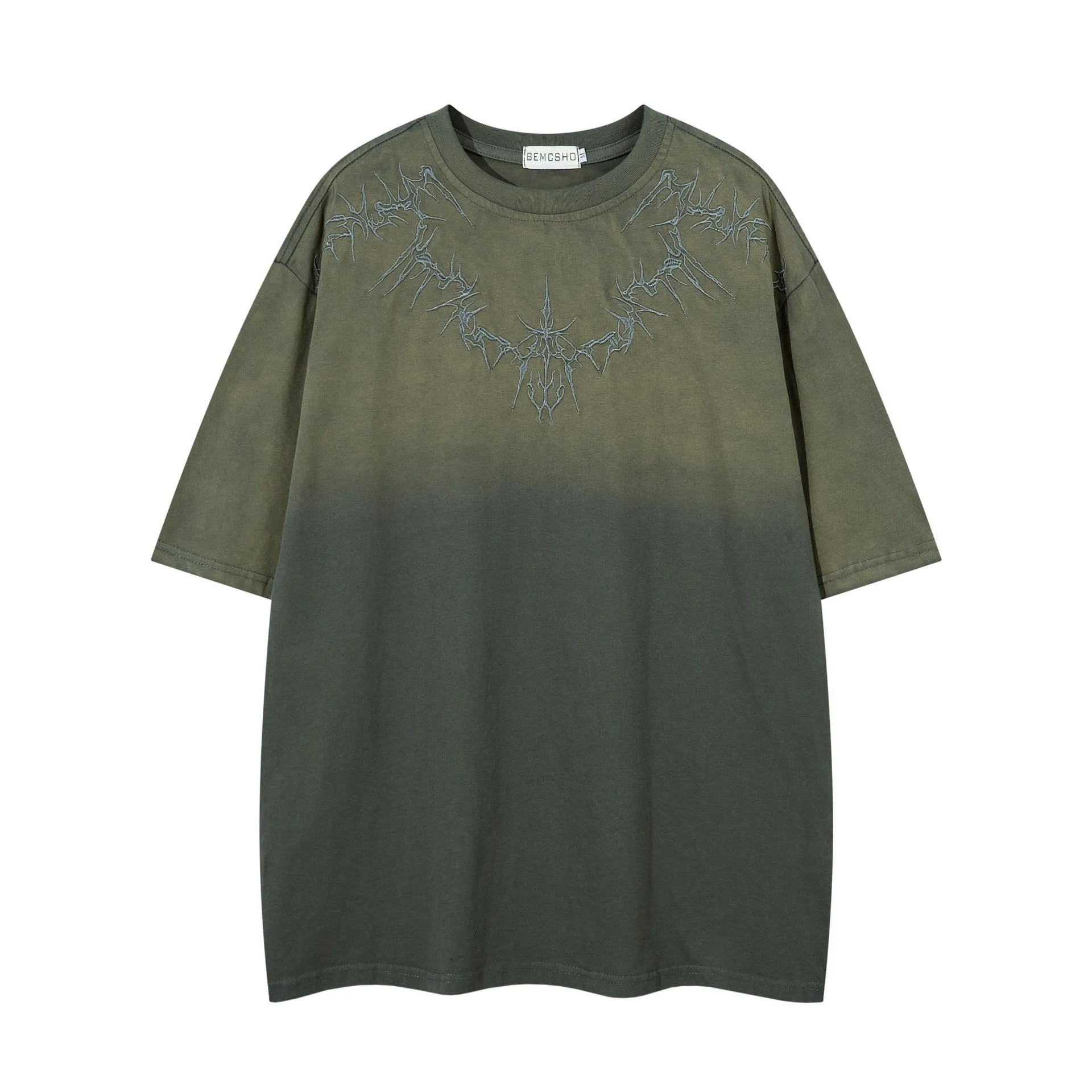Jiayiku Men's  Summer New American Retro Thorns Embroidered Trendy Brand Tee Heavy Washed Short-sleeved T-shirt display picture 5
