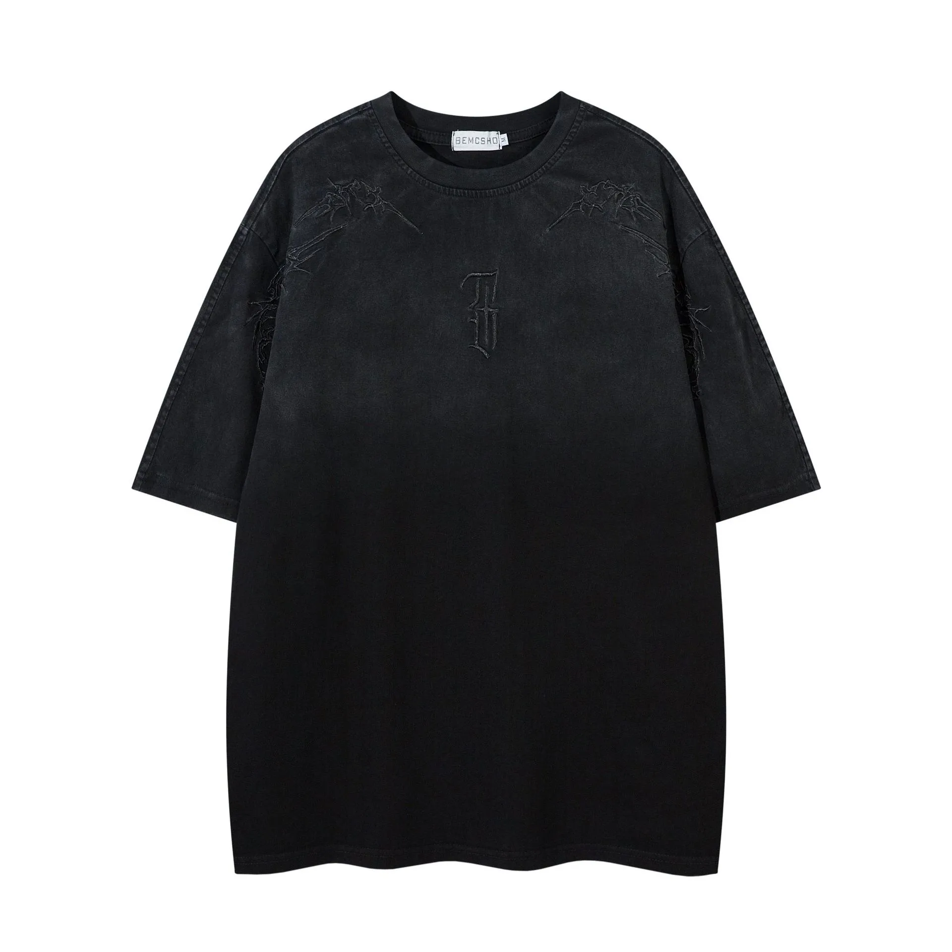 Jiayiku Men's  Summer New American Retro Trendy Brand Thorns Embroidered Tee Gradient Washed Short-sleeved T-shirt display picture 5