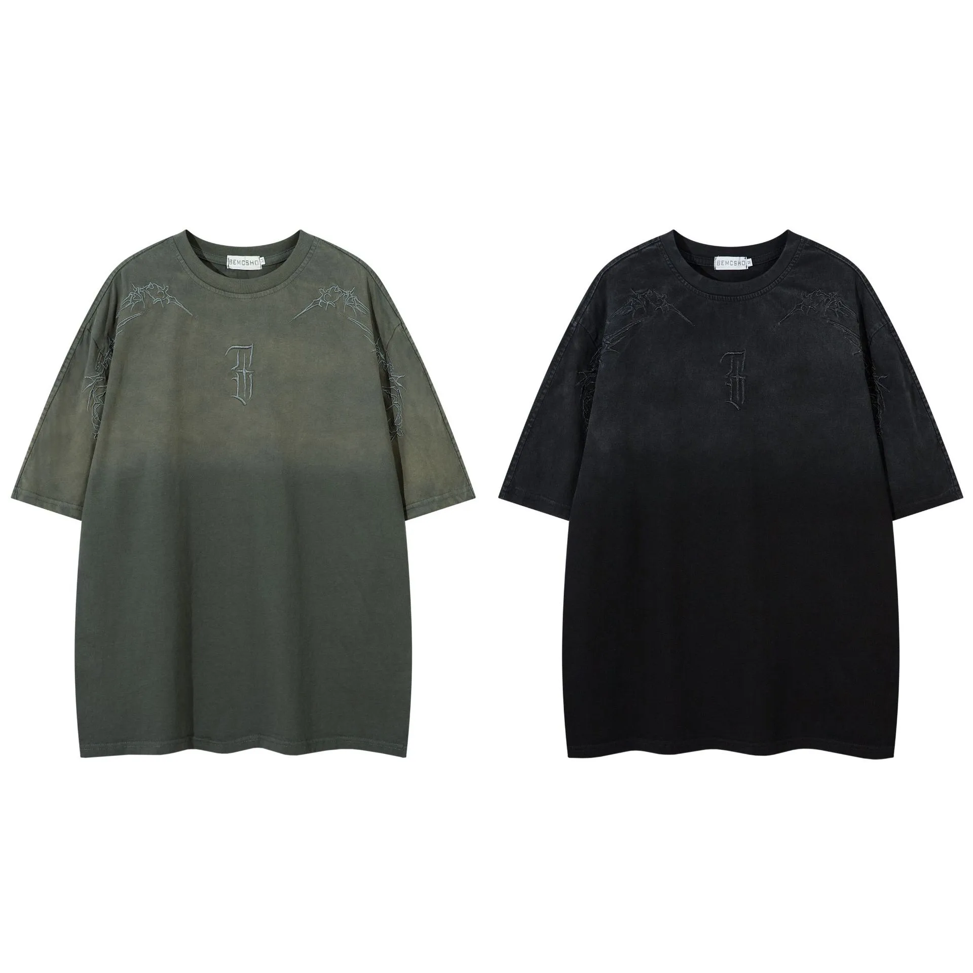 Jiayiku Men's  Summer New American Retro Trendy Brand Thorns Embroidered Tee Gradient Washed Short-sleeved T-shirt display picture 2