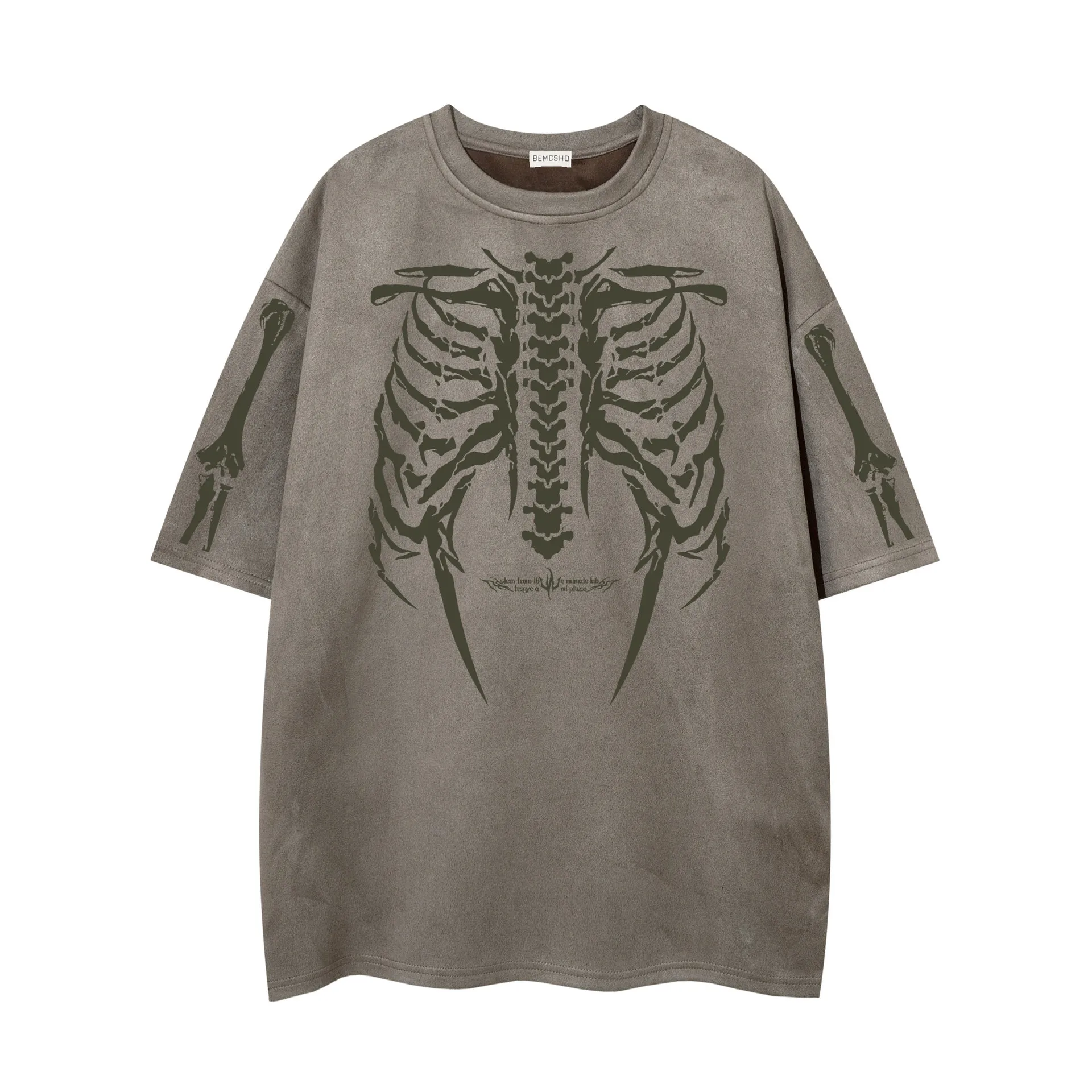 Jiayiku Men's  American Street Dark Tide Brand Tee Skull Skeleton Printed Suede Short-sleeved T-shirt For Men display picture 6