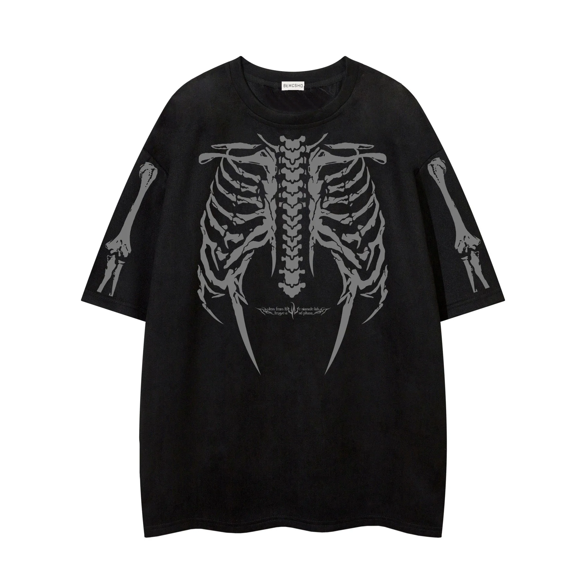 Jiayiku Men's  American Street Dark Tide Brand Tee Skull Skeleton Printed Suede Short-sleeved T-shirt For Men display picture 4