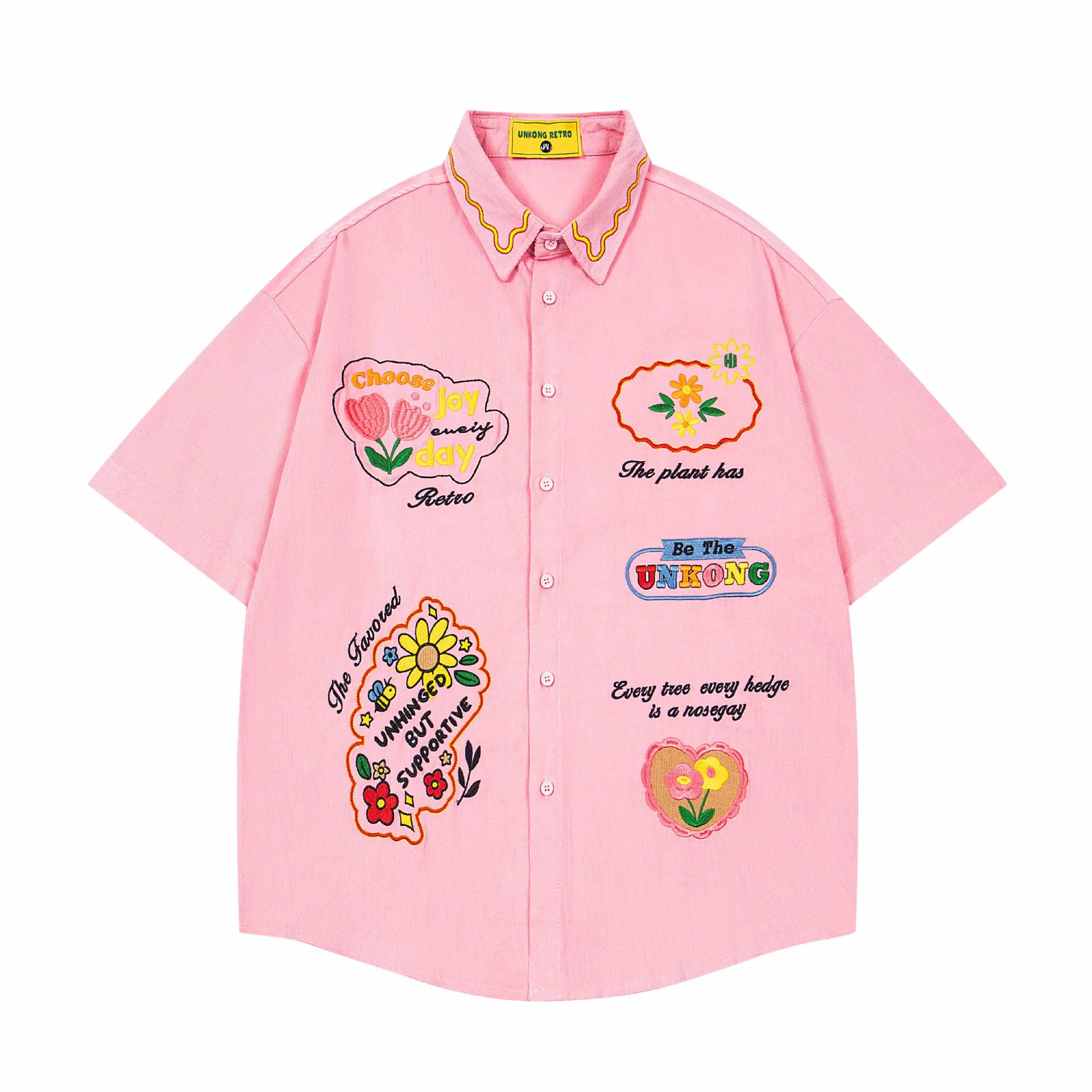 Jiayiku Trendy Brand  New American Style Antique Ins Trendy Fun Flower Embroidered Corduroy Shirt Short Sleeve display picture 5