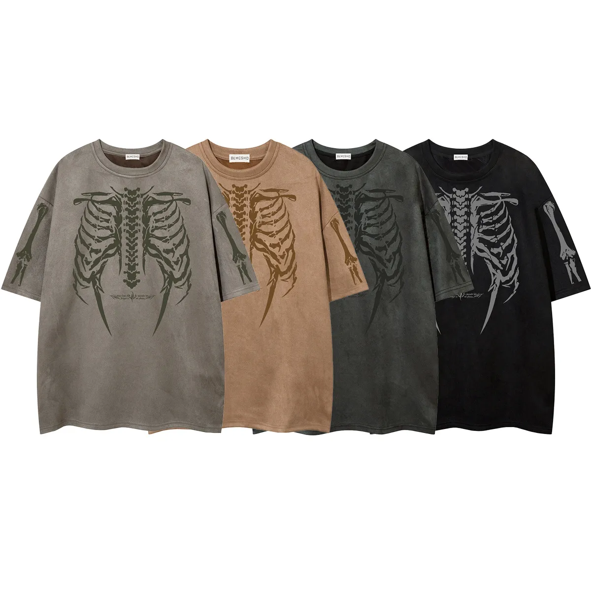 Jiayiku Men's  American Street Dark Tide Brand Tee Skull Skeleton Printed Suede Short-sleeved T-shirt For Men display picture 1
