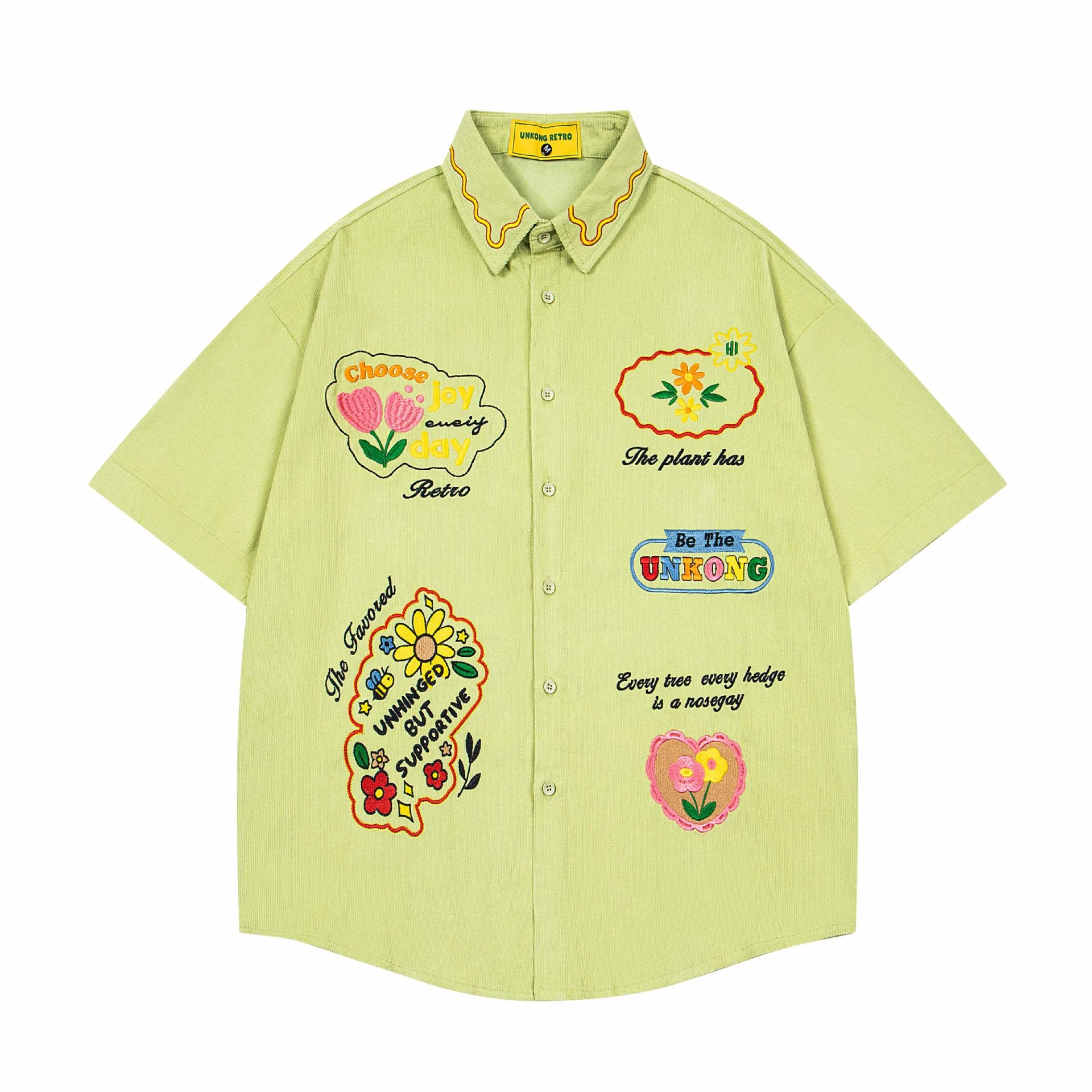 Jiayiku Trendy Brand  New American Style Antique Ins Trendy Fun Flower Embroidered Corduroy Shirt Short Sleeve display picture 7