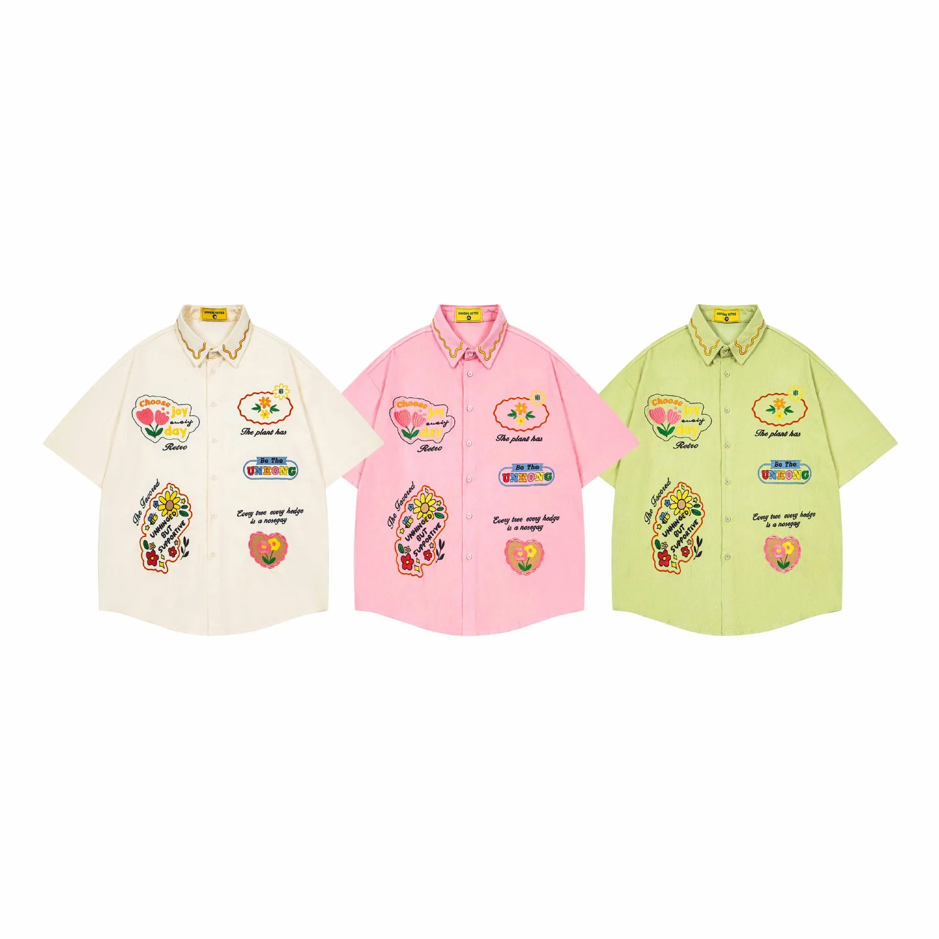 Jiayiku Trendy Brand  New American Style Antique Ins Trendy Fun Flower Embroidered Corduroy Shirt Short Sleeve display picture 2