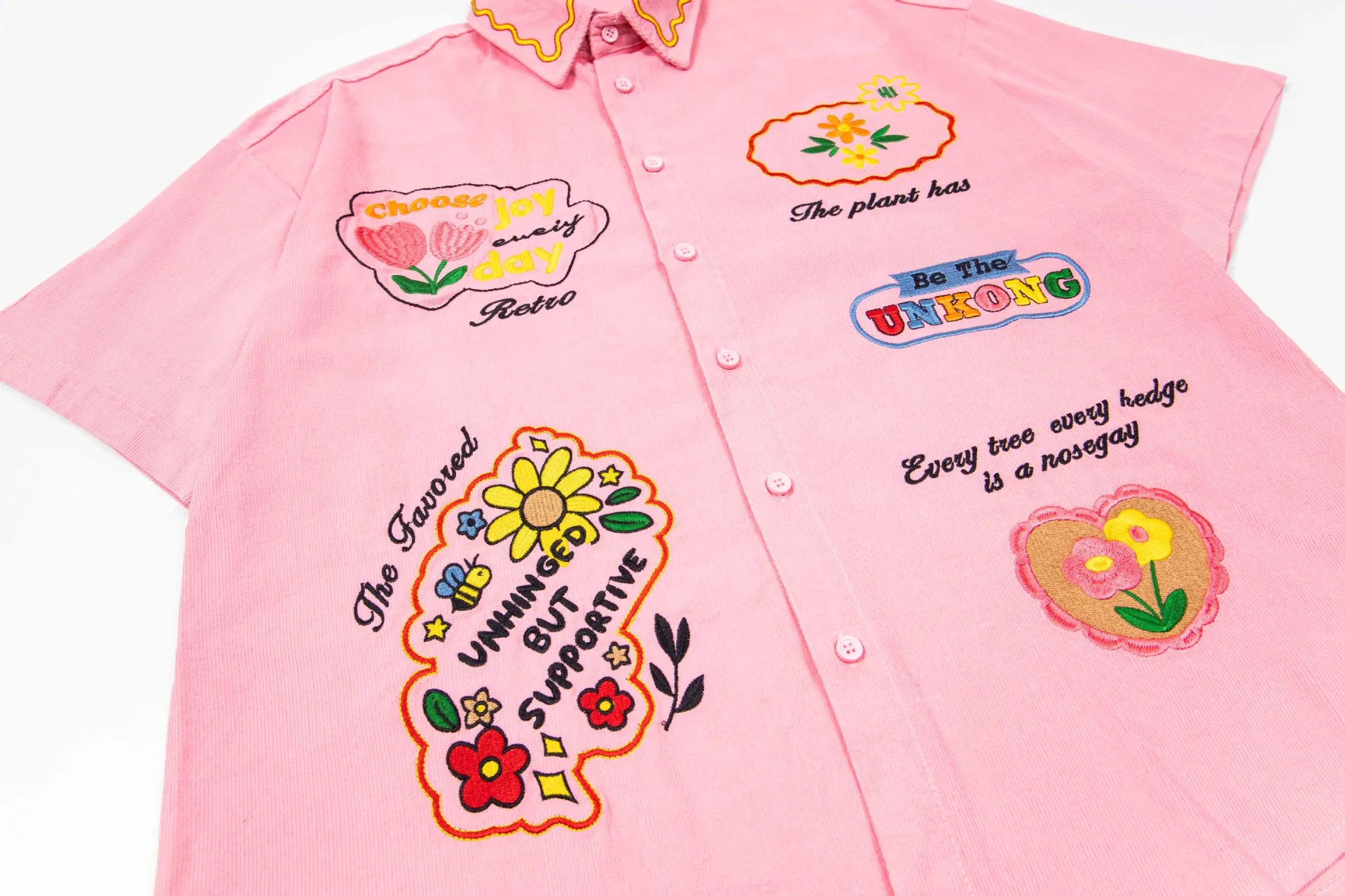 Jiayiku Trendy Brand  New American Style Antique Ins Trendy Fun Flower Embroidered Corduroy Shirt Short Sleeve display picture 10