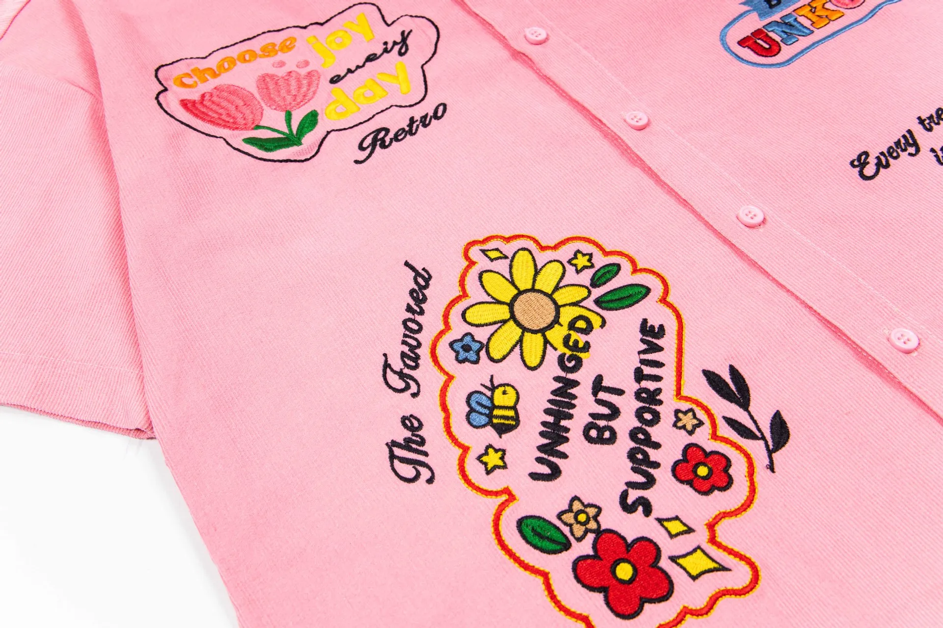 Jiayiku Trendy Brand  New American Style Antique Ins Trendy Fun Flower Embroidered Corduroy Shirt Short Sleeve display picture 11