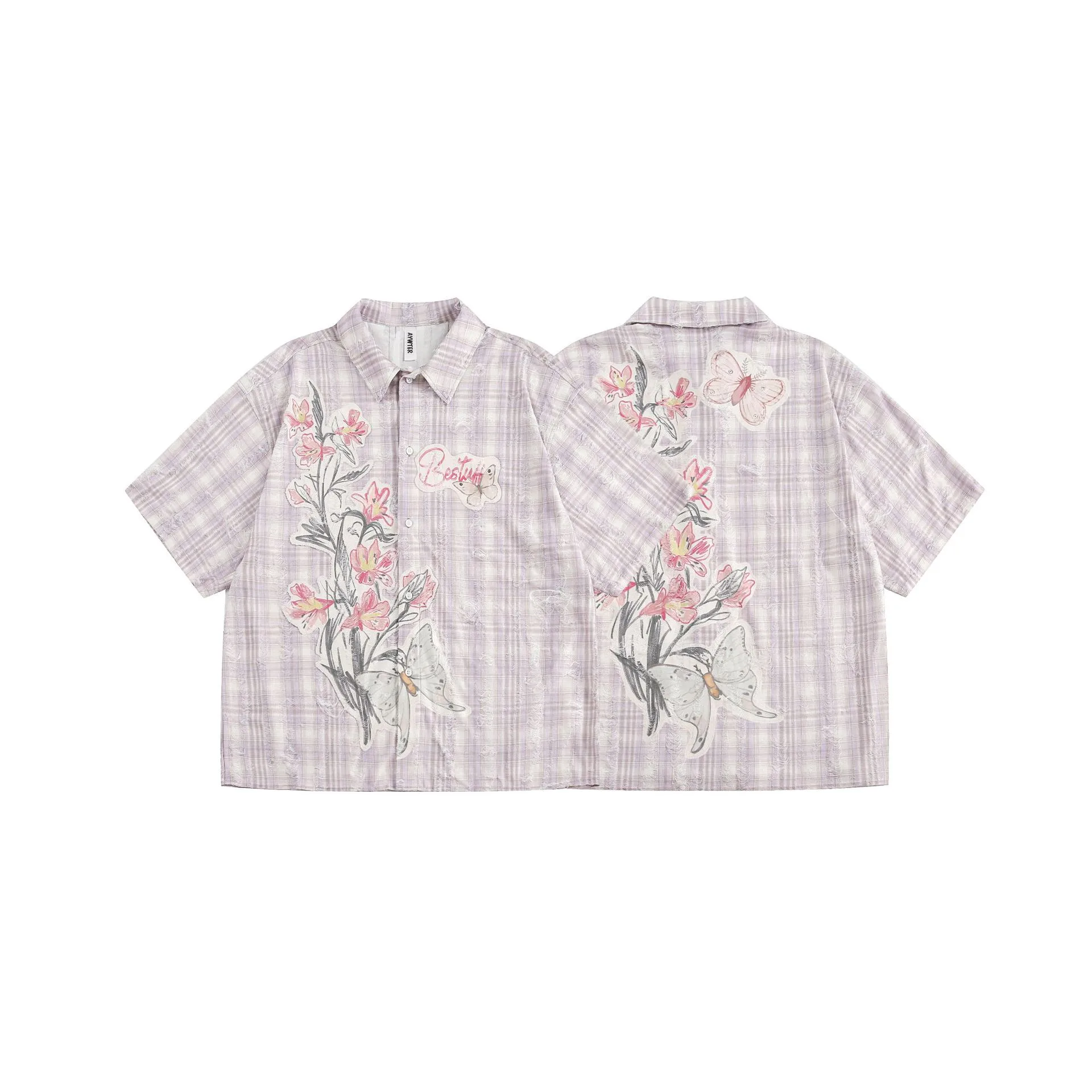 Jiayiku Tide Brand  New American-style Middle Ancient Ins Tide Hot Stamping Flower Old Plaid Shirt Short Sleeve For Men And Women display picture 3