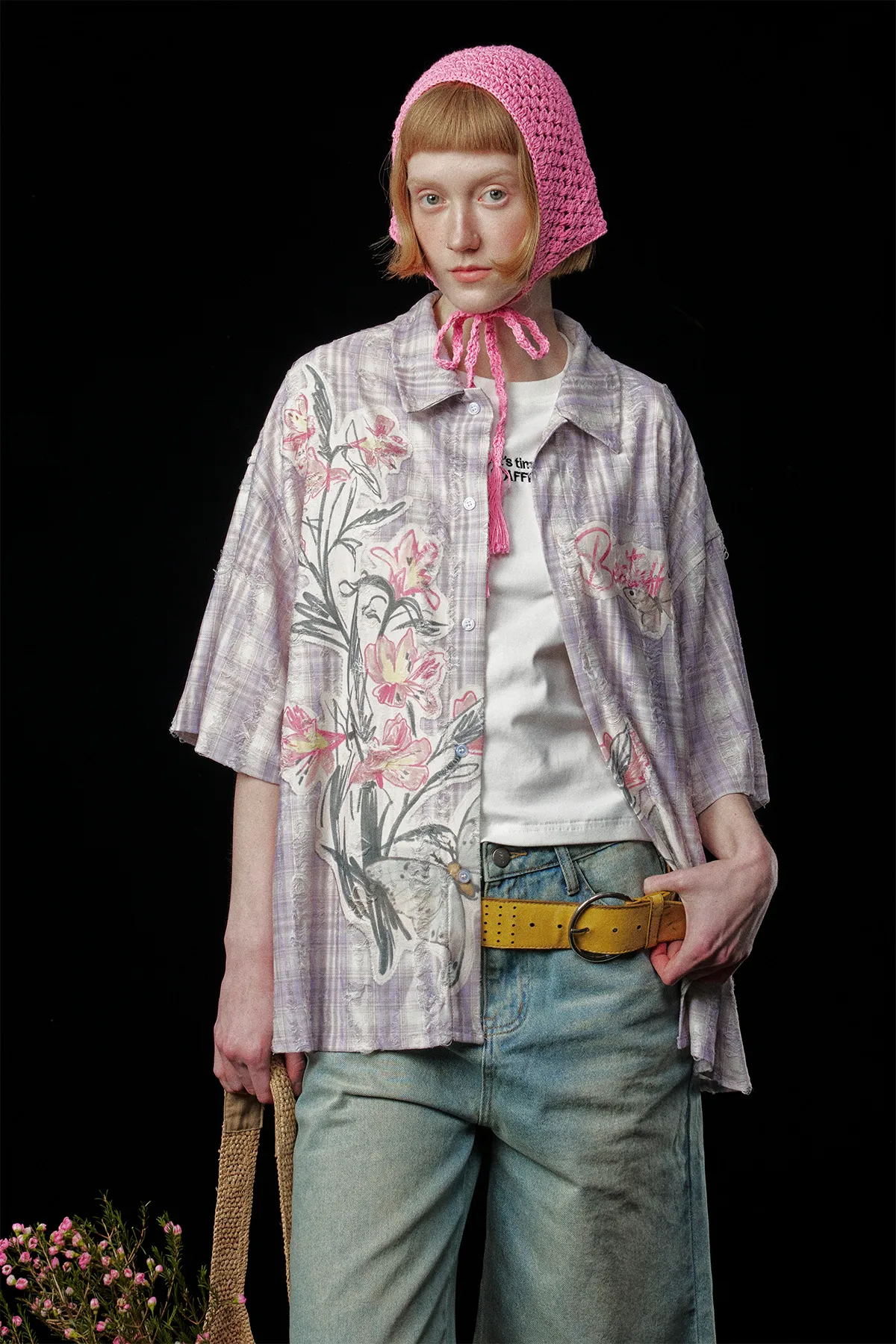 Jiayiku Tide Brand  New American-style Middle Ancient Ins Tide Hot Stamping Flower Old Plaid Shirt Short Sleeve For Men And Women display picture 5