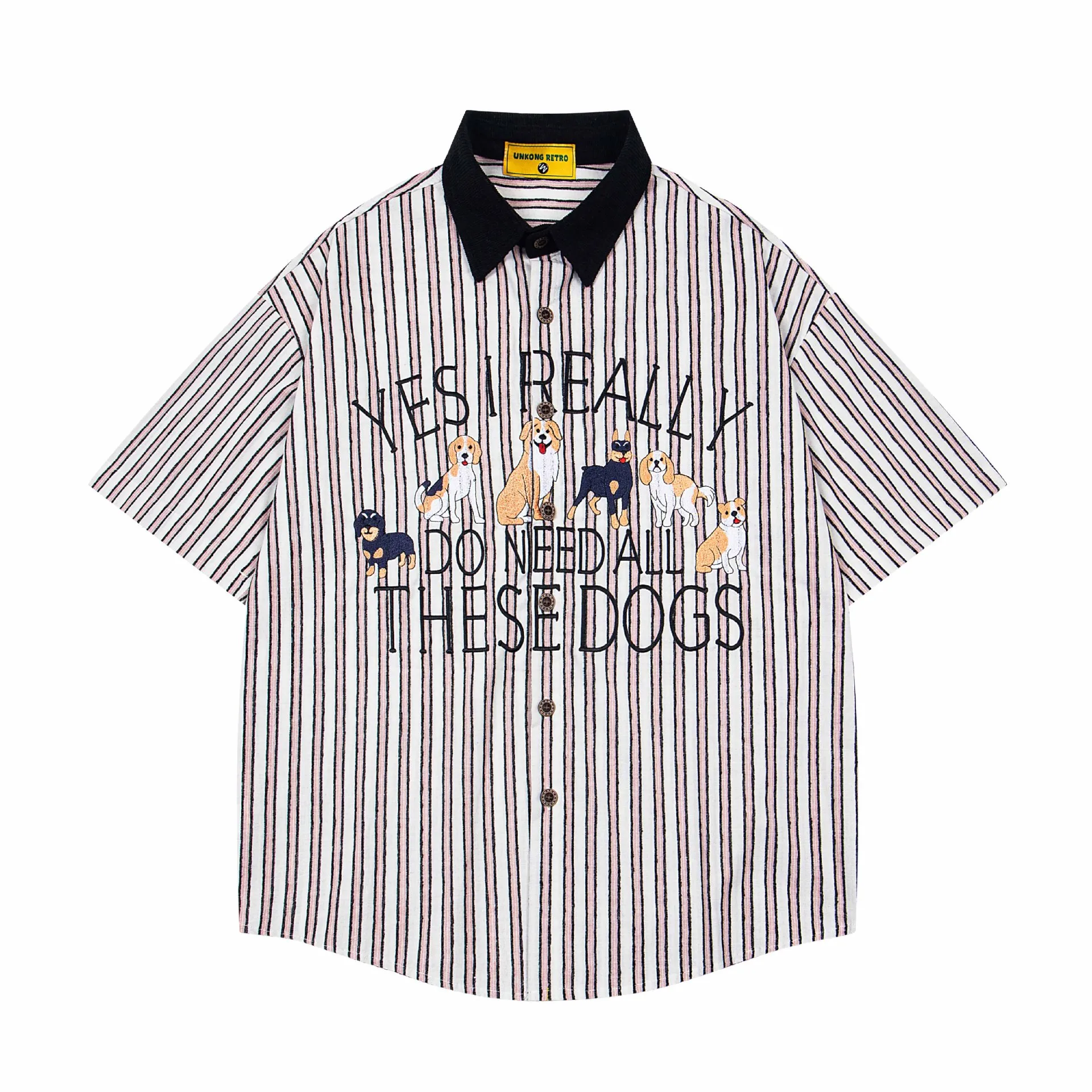 Jiayiku Men's  New American Middle Ages Lazy Fashion Brand Puppy Embroidered Striped Short-sleeved Shirt For Men And Women display picture 4