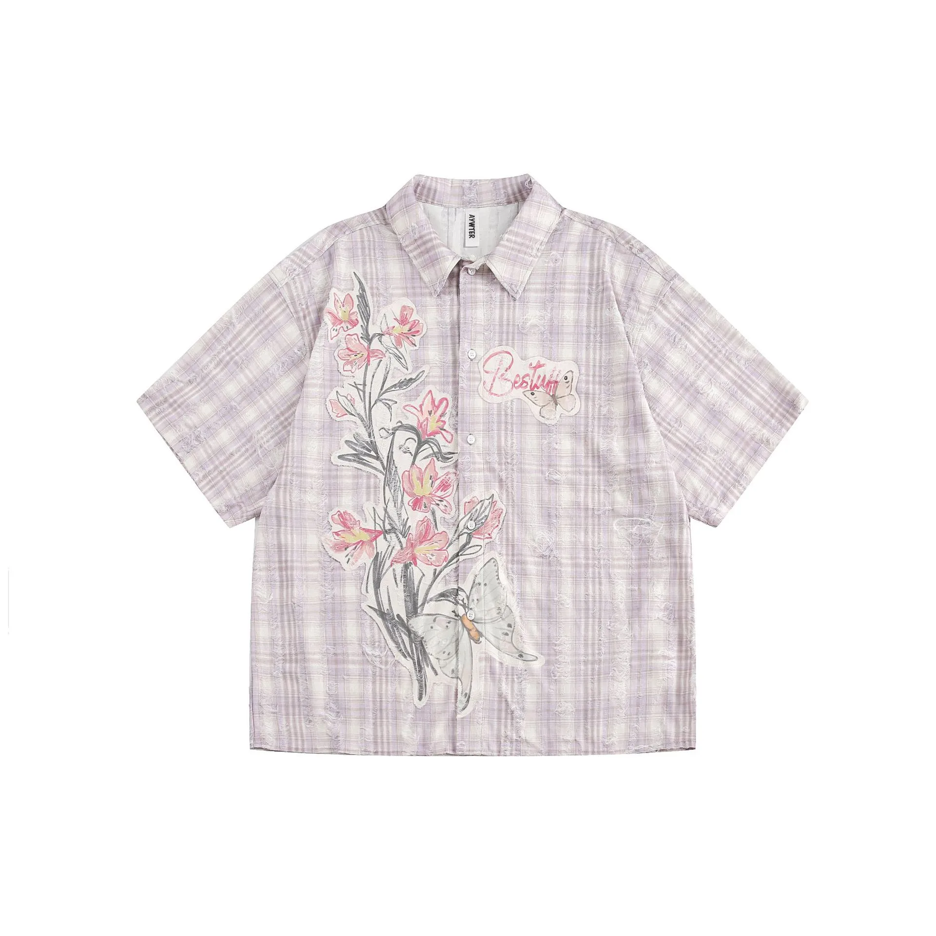 Jiayiku Tide Brand  New American-style Middle Ancient Ins Tide Hot Stamping Flower Old Plaid Shirt Short Sleeve For Men And Women display picture 9