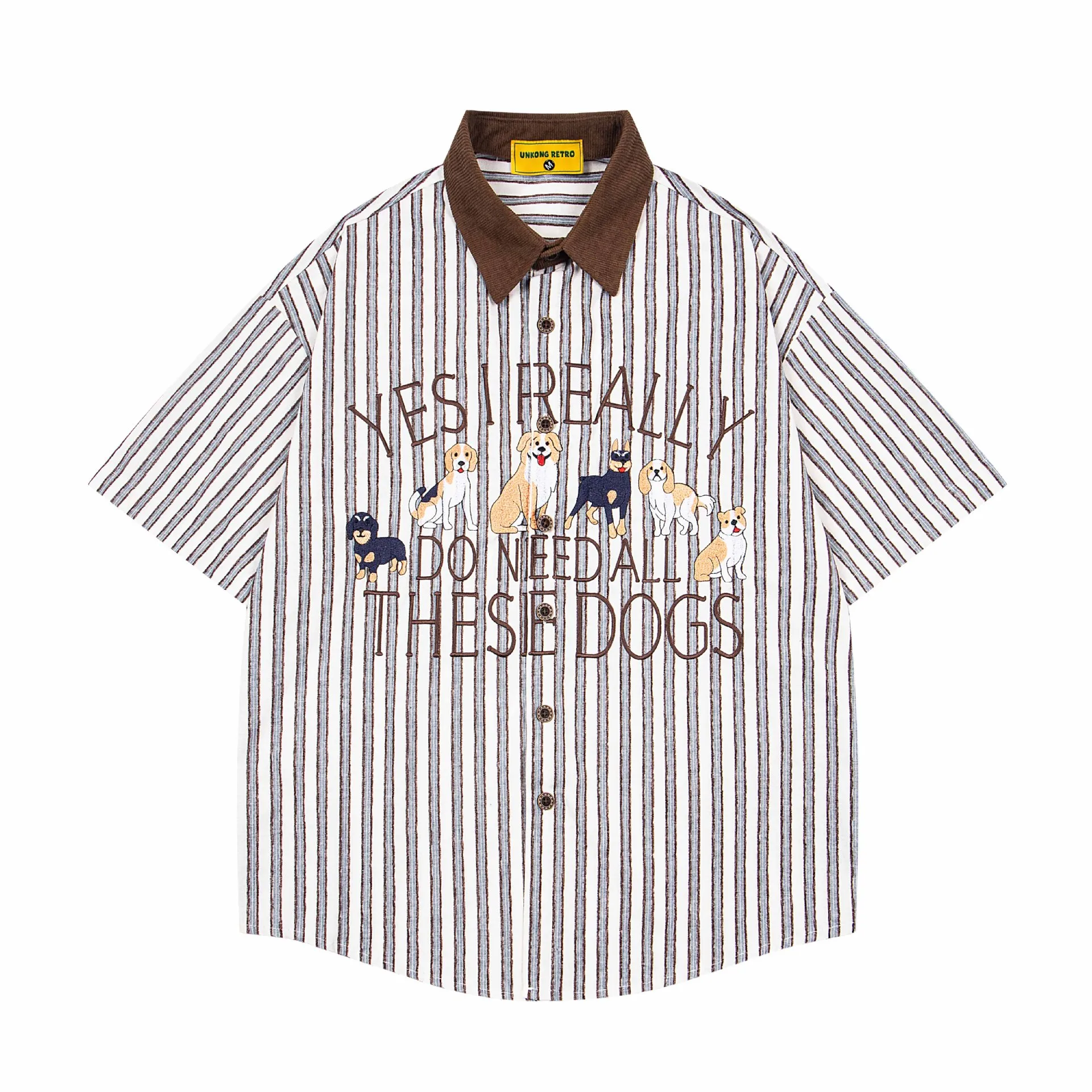 Jiayiku Men's  New American Middle Ages Lazy Fashion Brand Puppy Embroidered Striped Short-sleeved Shirt For Men And Women display picture 2