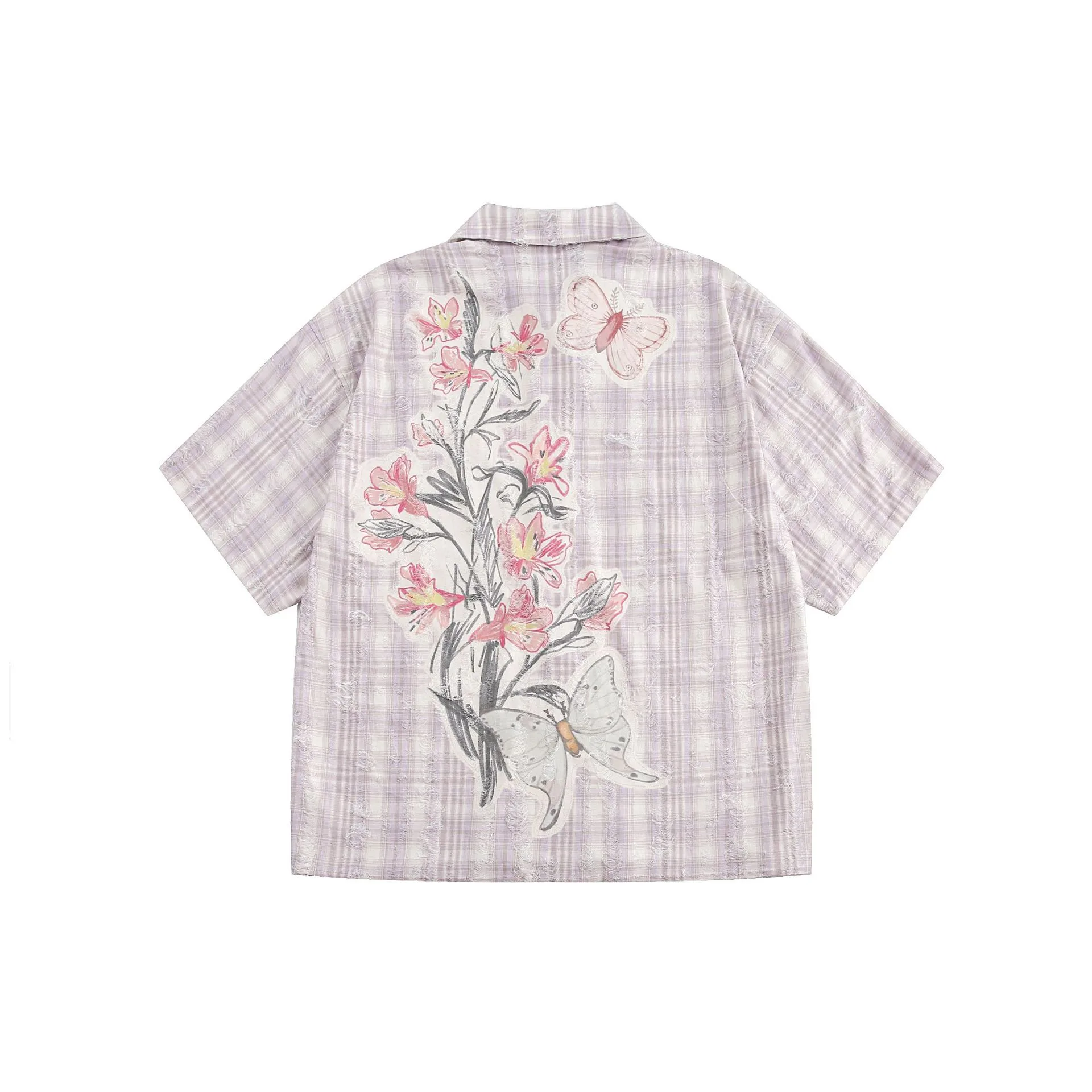 Jiayiku Tide Brand  New American-style Middle Ancient Ins Tide Hot Stamping Flower Old Plaid Shirt Short Sleeve For Men And Women display picture 10