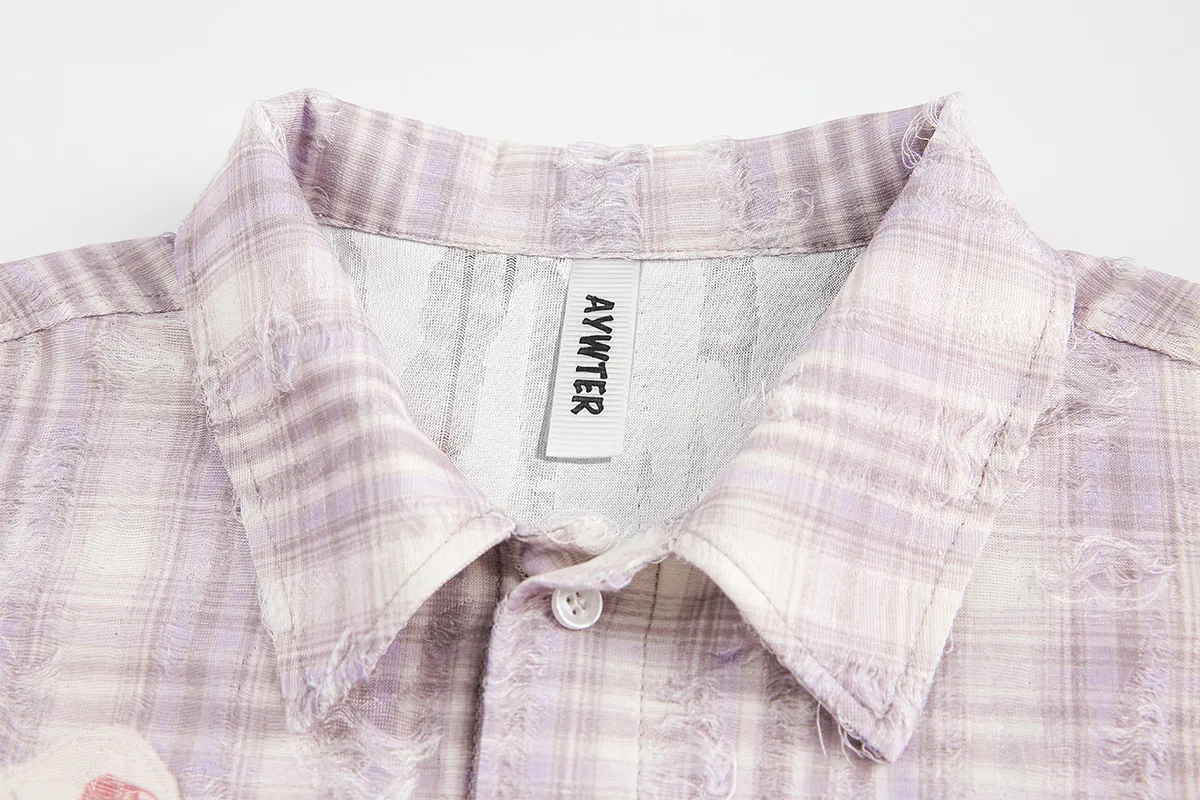Jiayiku Tide Brand  New American-style Middle Ancient Ins Tide Hot Stamping Flower Old Plaid Shirt Short Sleeve For Men And Women display picture 16