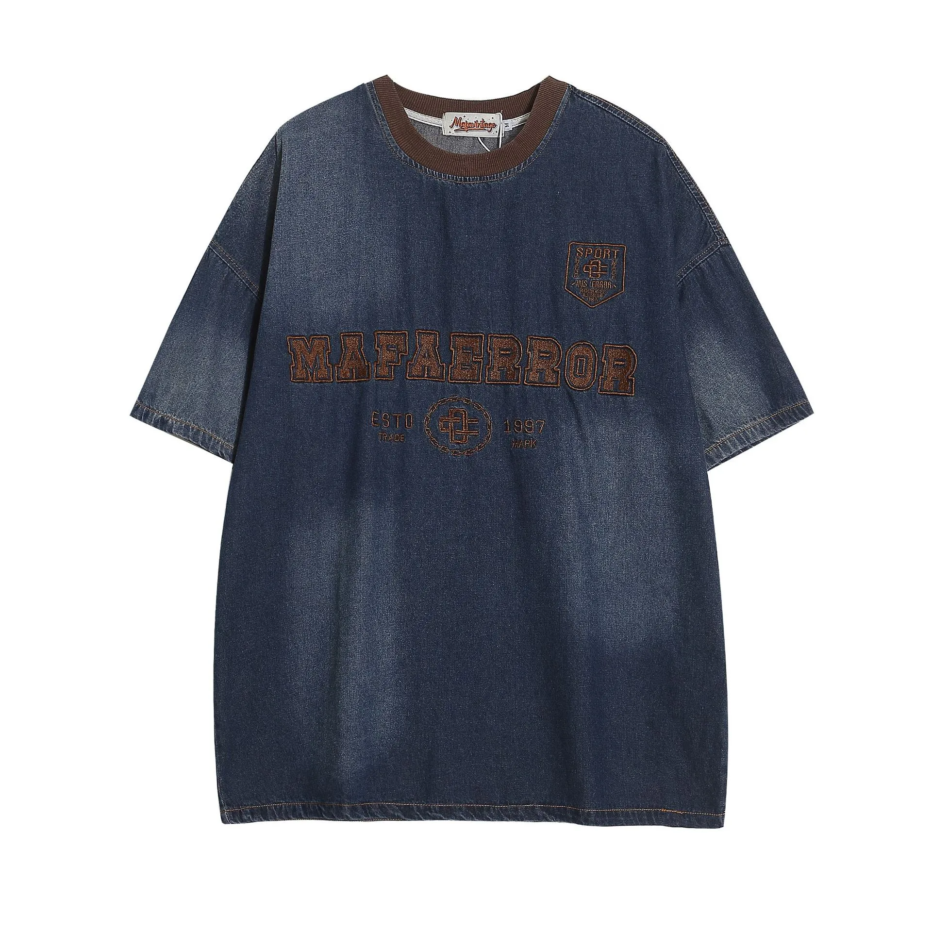 Jiayiku Men's Summer New American Retro Trendy Brand Embroidered Tee Washed Denim Short-sleeved T-shirt Loose Men's And Women's display picture 2