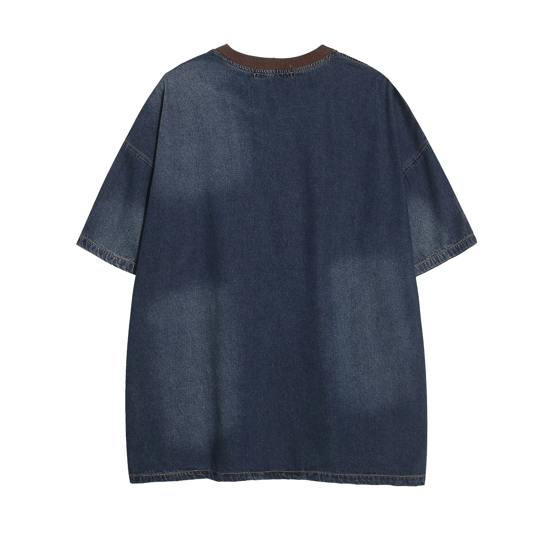 Jiayiku Men's Summer New American Retro Trendy Brand Embroidered Tee Washed Denim Short-sleeved T-shirt Loose Men's And Women's display picture 3