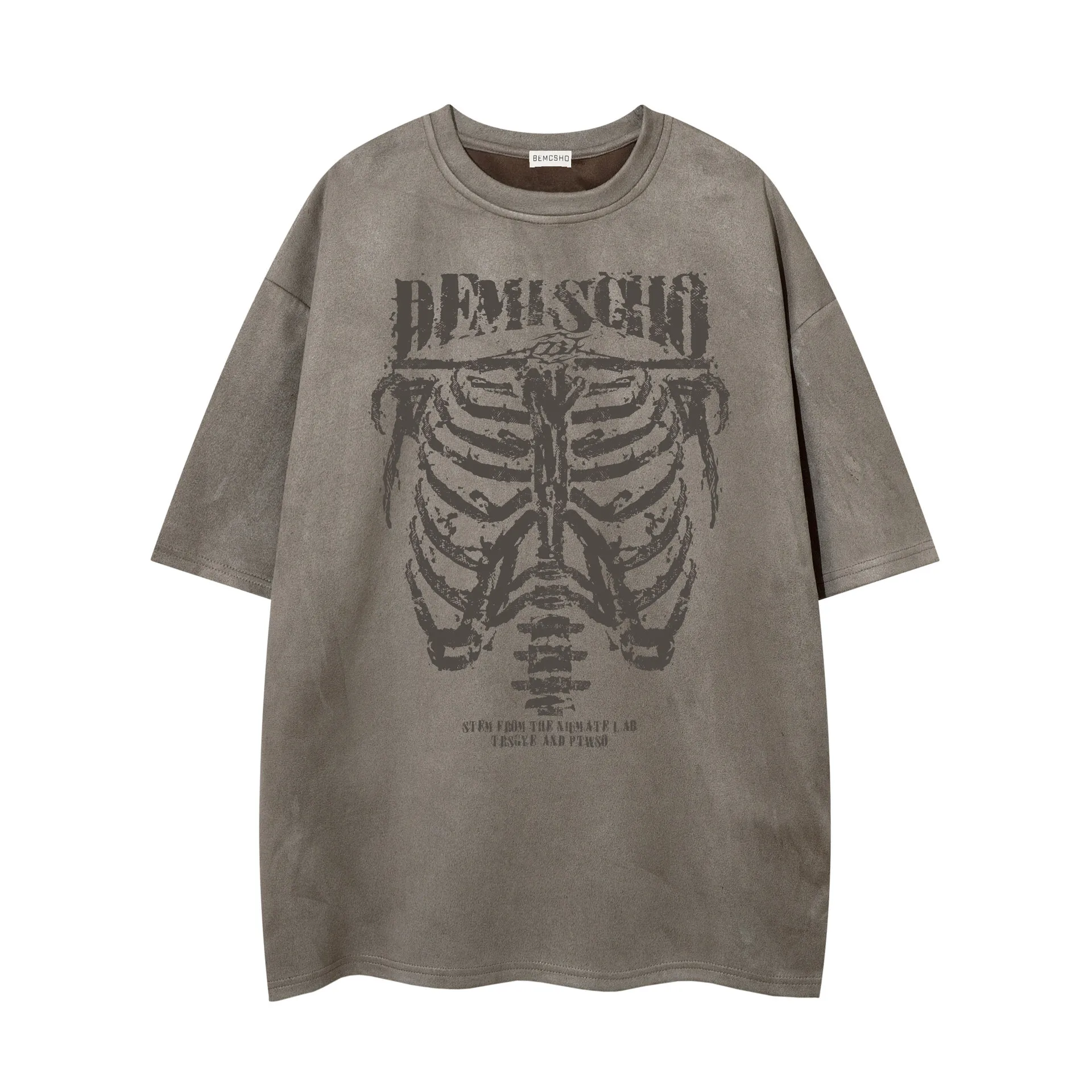 Jiayiku Men's Wear ∠  American Street Dark Style Fashion Brand Tee Skull Skeleton Printed Suede T-Shirt Men display picture 3