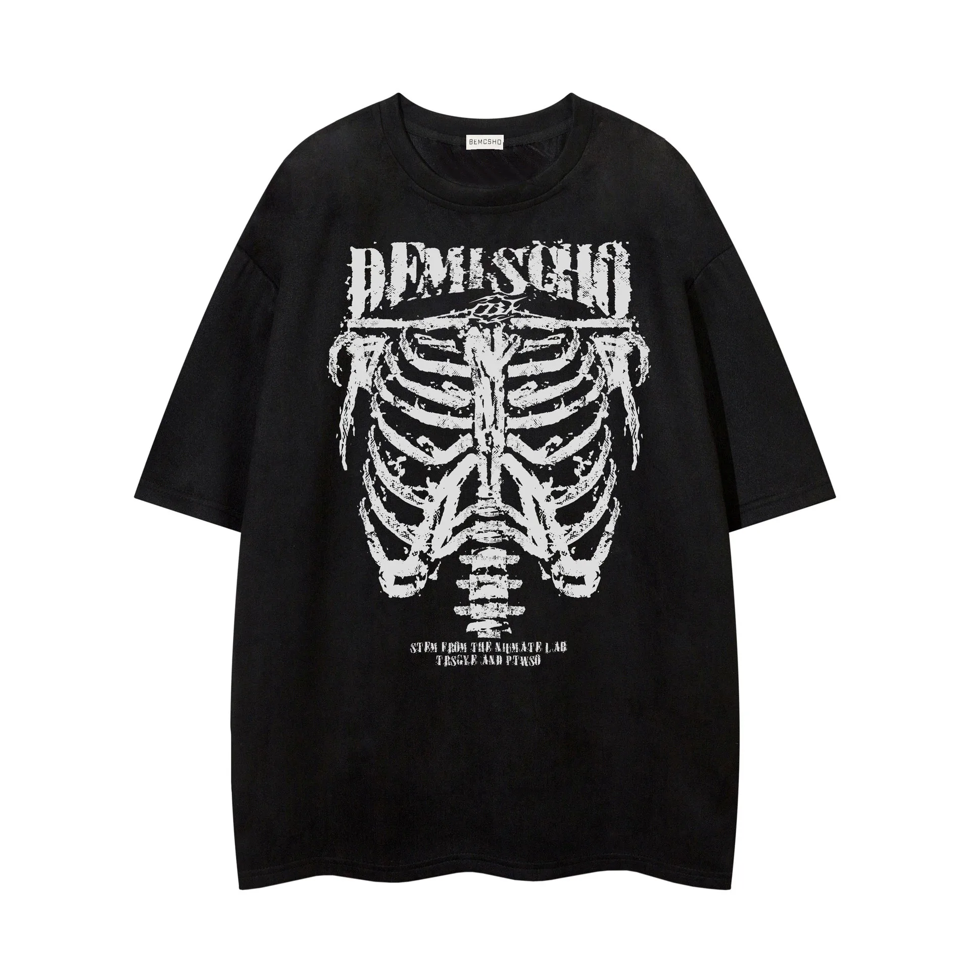Jiayiku Men's Wear ∠  American Street Dark Style Fashion Brand Tee Skull Skeleton Printed Suede T-Shirt Men display picture 7
