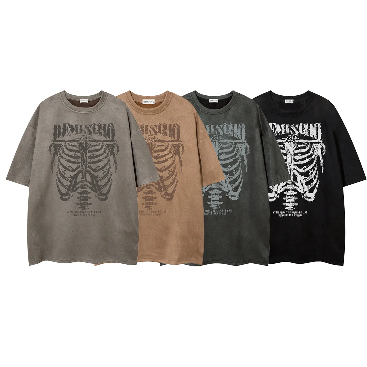 Jiayiku Men's Wear ∠  American Street Dark Style Fashion Brand Tee Skull Skeleton Printed Suede T-Shirt Men display picture 2