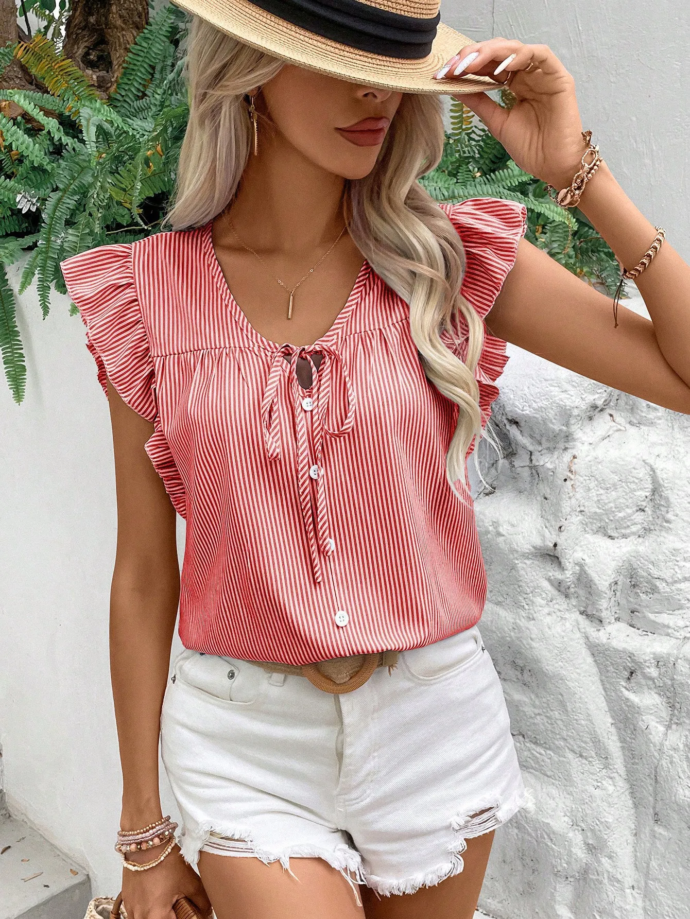 Foreign Trade Top Women's   Summer V-neck French Strap Lotus Leaf Sleeve Loose Sweet Striped Shirt display picture 5