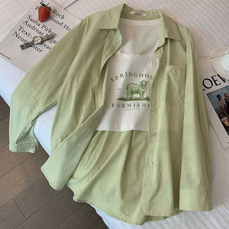 Plus Size 1.0-150kg Lazy Style Green Shirt Top For Women Spring & Fall New Style Loose And Versatile Thin Hong Kong Style Jacket display picture 3