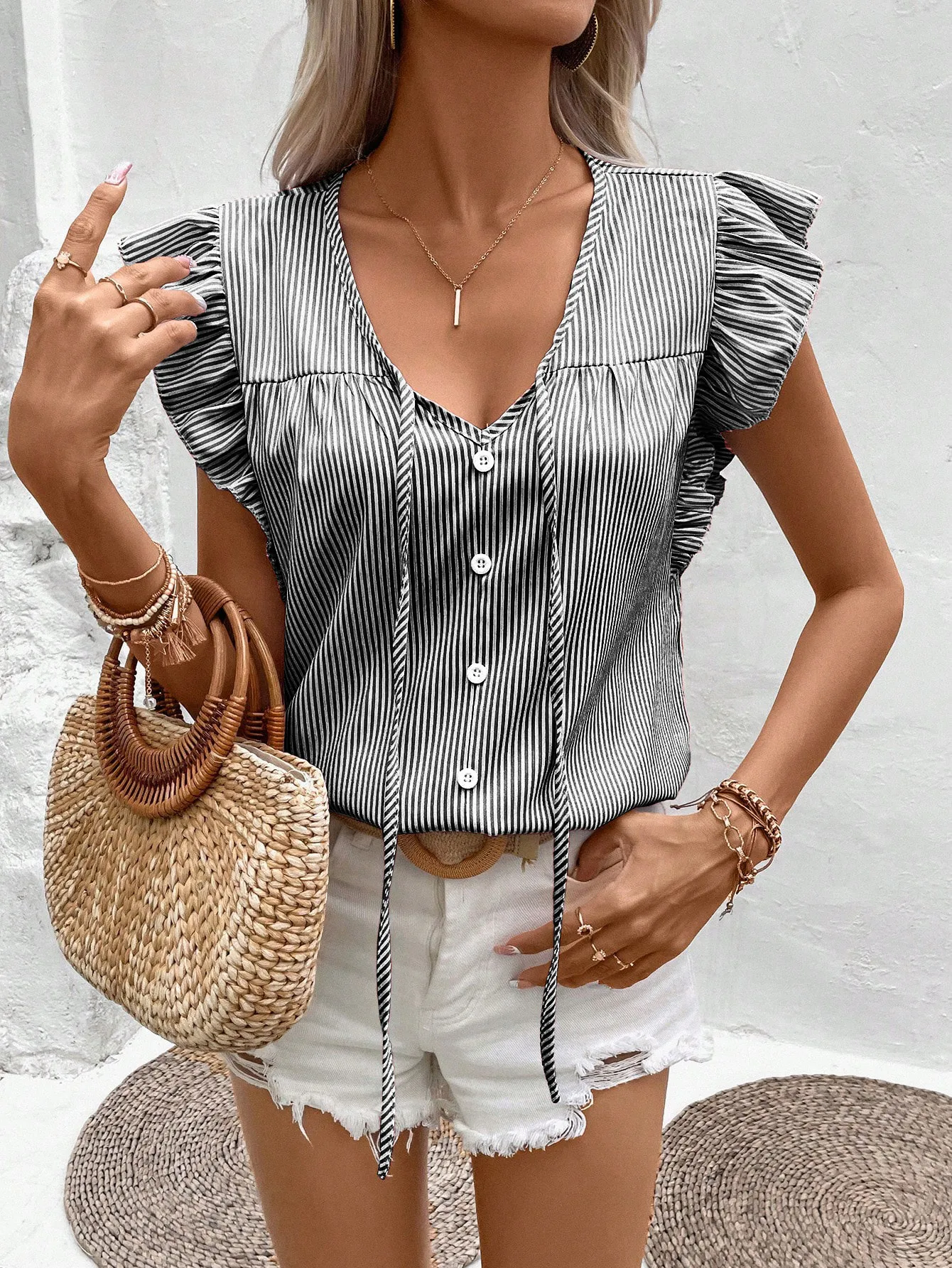 Foreign Trade Top Women's   Summer V-neck French Strap Lotus Leaf Sleeve Loose Sweet Striped Shirt display picture 8