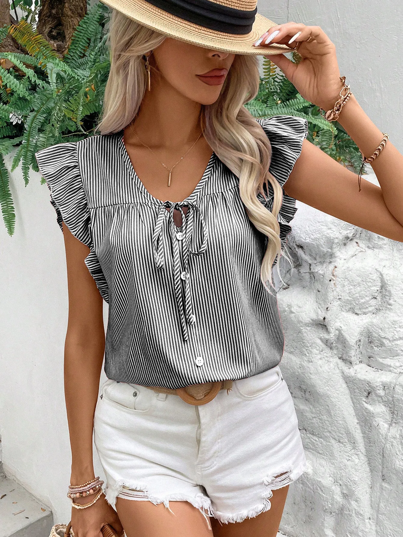 Foreign Trade Top Women's   Summer V-neck French Strap Lotus Leaf Sleeve Loose Sweet Striped Shirt display picture 10