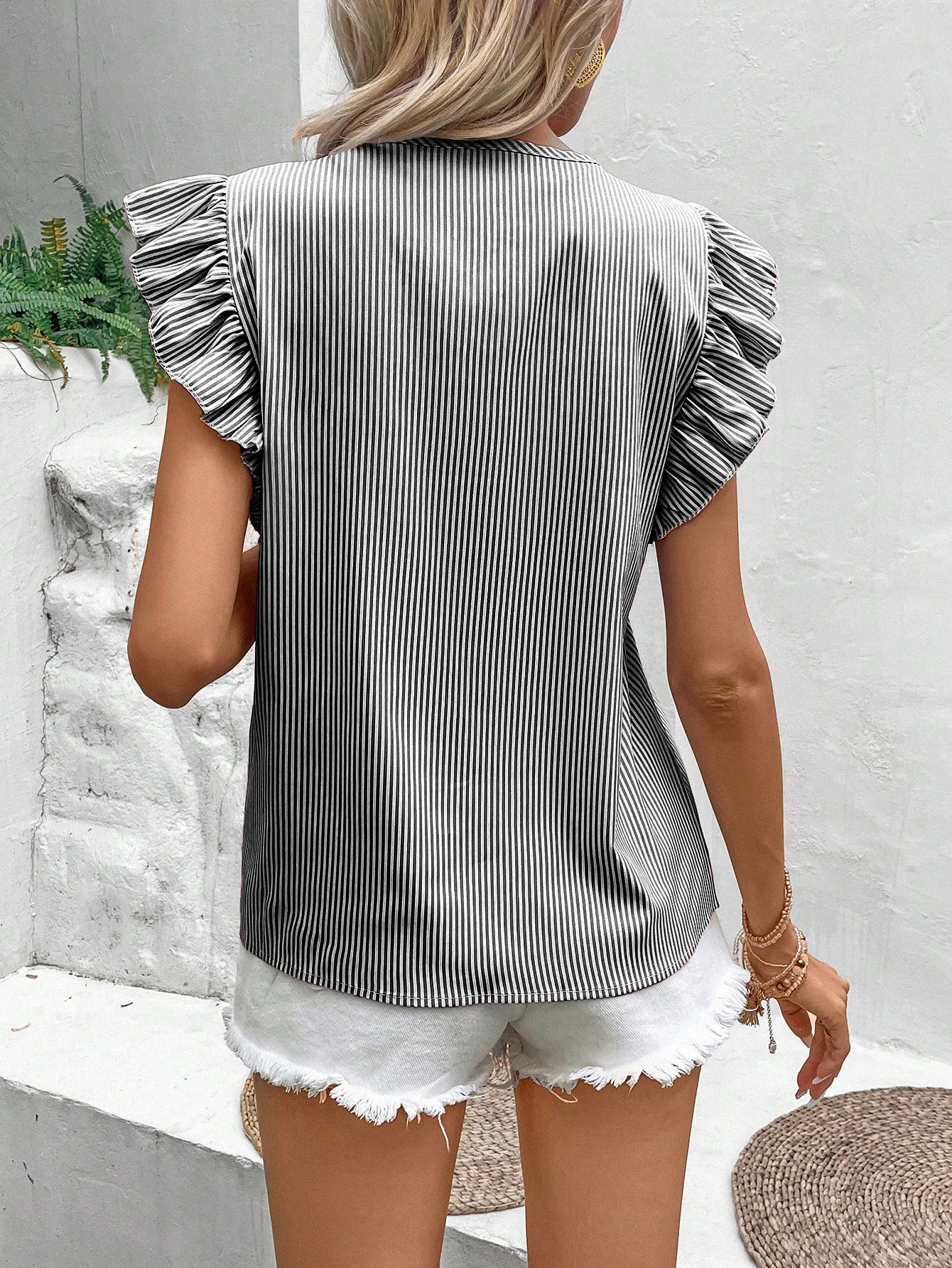 Foreign Trade Top Women's   Summer V-neck French Strap Lotus Leaf Sleeve Loose Sweet Striped Shirt display picture 12