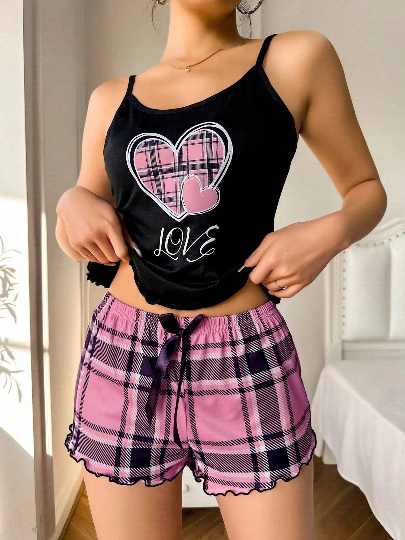 Summer   Style Women's Sexy Sling Shorts Thin Pajamas Milk Silk Printed Two-piece Home Clothes display picture 6