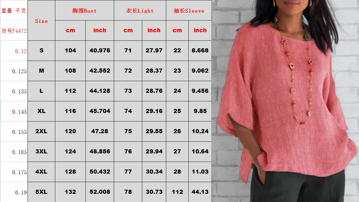 Wish Eaby  New Fashion Women's Seven-point Sleeve Round Neck Cotton Linen Shirt Top Spot display picture 1