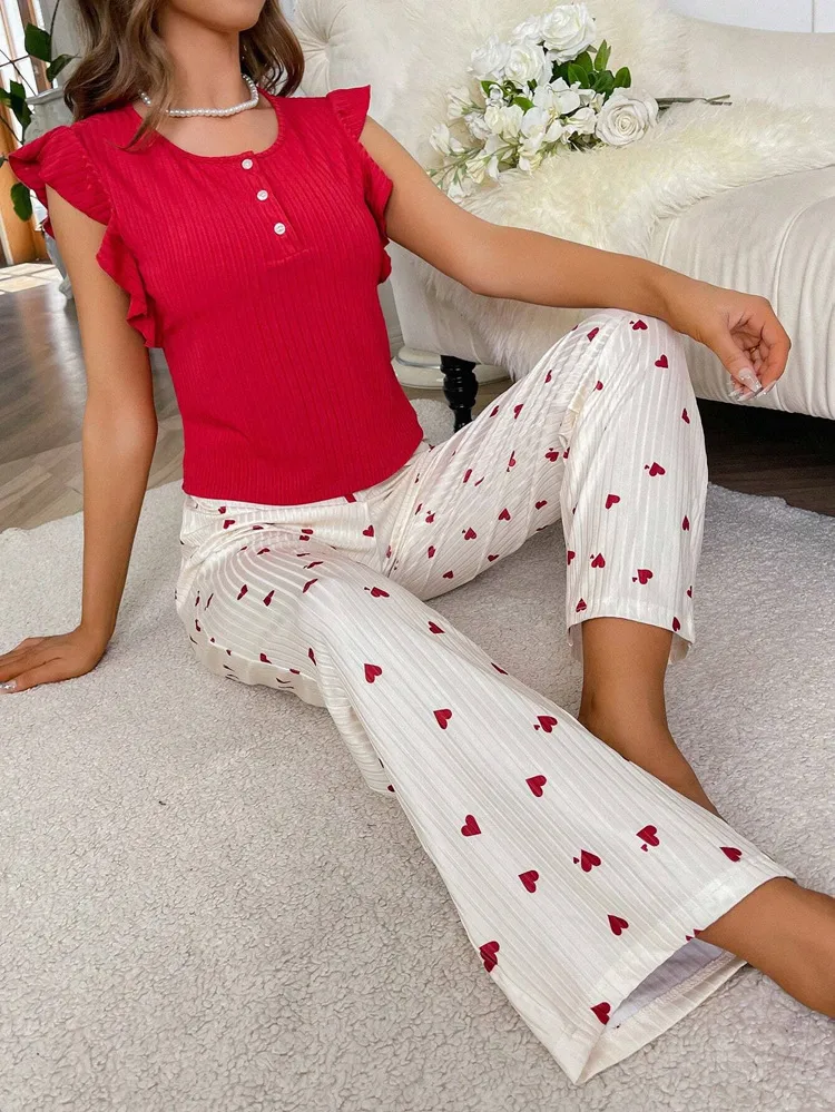 Women's Home Clothes Love Printed Trousers Ruffled Casual Pit Strip Can Wear  Pajamas display picture 1