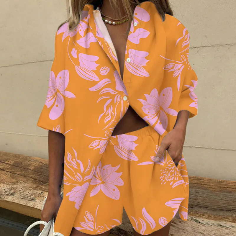 New Women's  Lapel Short-sleeved Printed Shirt Two-piece Set Wide-leg Elastic Waist Pants Shorts display picture 9