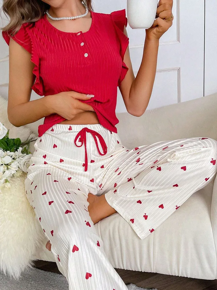Women's Home Clothes Love Printed Trousers Ruffled Casual Pit Strip Can Wear  Pajamas display picture 5